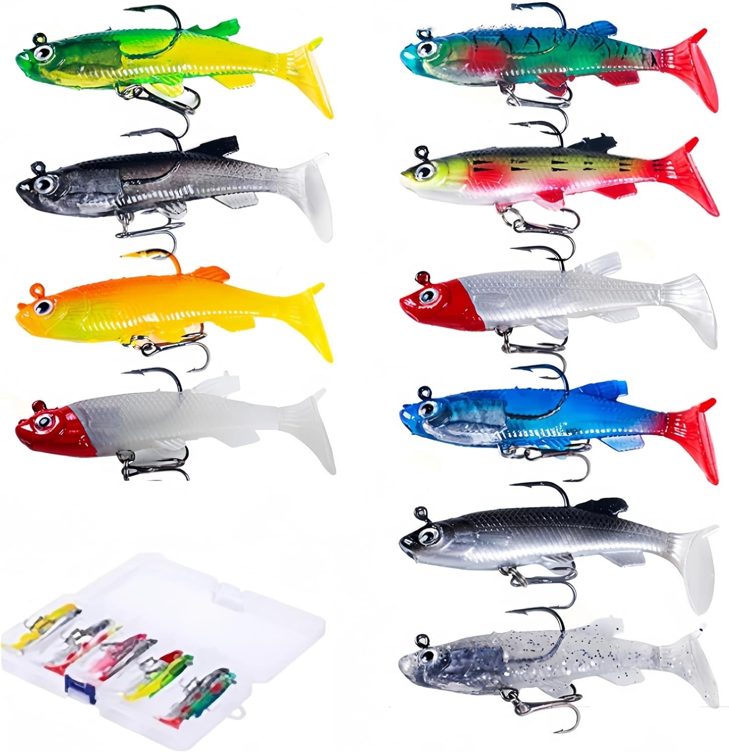 Set van 10 kunstmatige kunstaas, spinners, zachte visaas voor baars, forel en roofvissen in zoet en zout water met 1 plastic opbergdoos