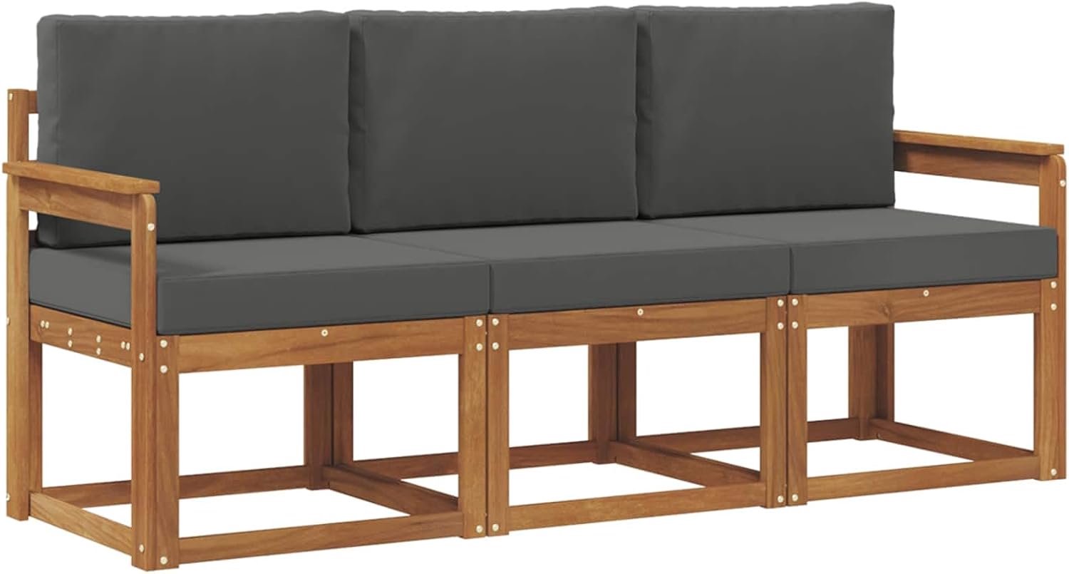 Bankset van acaciahout met kussens, 3-delig, naturel en antraciet, massief acaciahout, outdoor bankset met modulair design voor tuin, terras