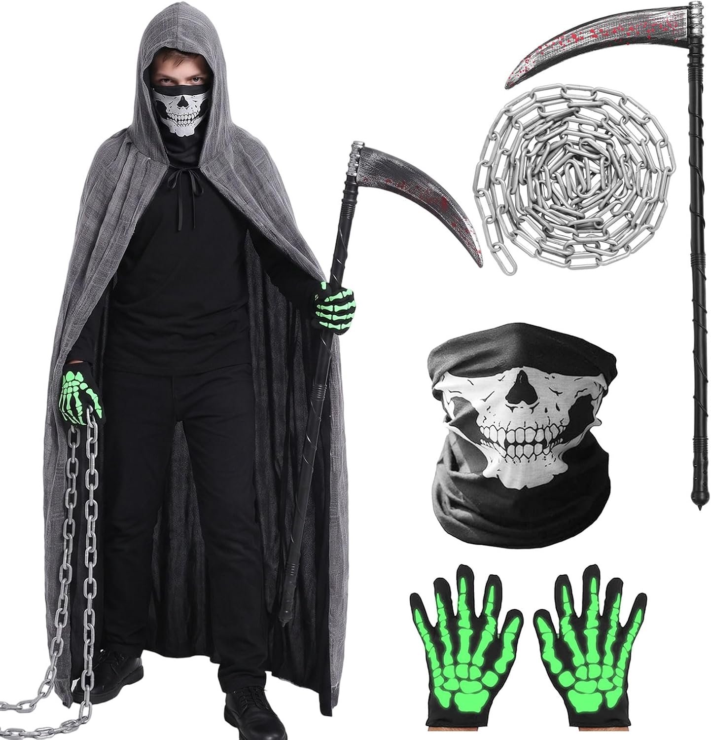 Halloweenkostuum voor volwassenen, met Sense-masker, handschoenen, kunststof ketting voor Halloween, carnaval, cosplay