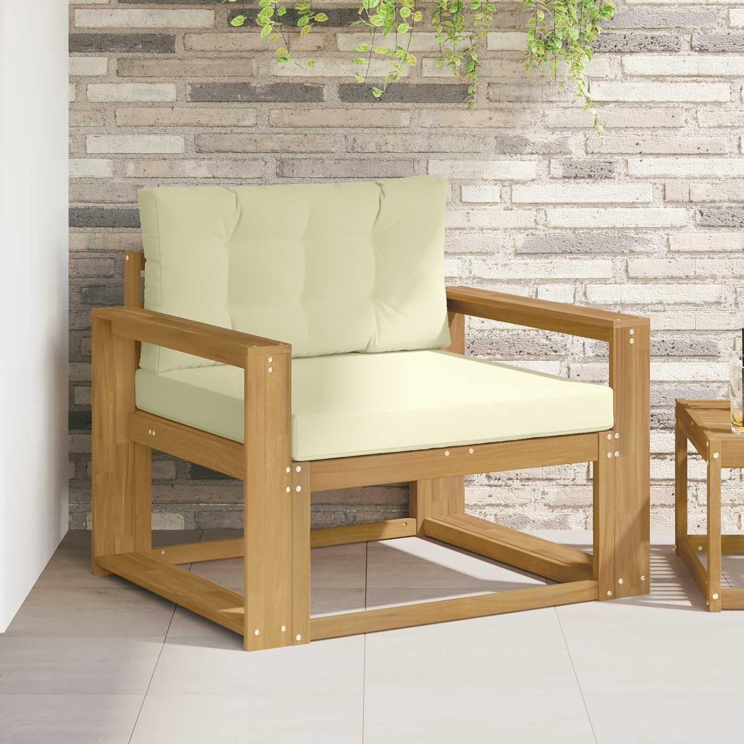 Middenbank voor buiten, massief acaciahout, loungestoel voor tuin, terras, balkon, weerbestendige tuinbank met crèmekleurige kussens, 83 x 99 x 73 cm