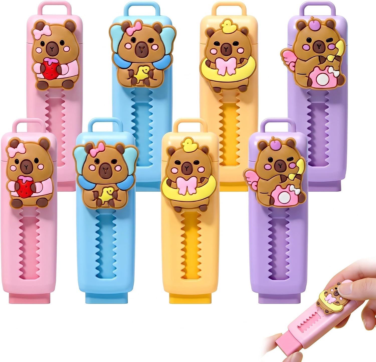 8 x grappige Capibara-gummetjes, intrekbare gummetjes voor kinderen, verjaardagscadeaus en originele cadeaus voor school, schoolbenodigdheden