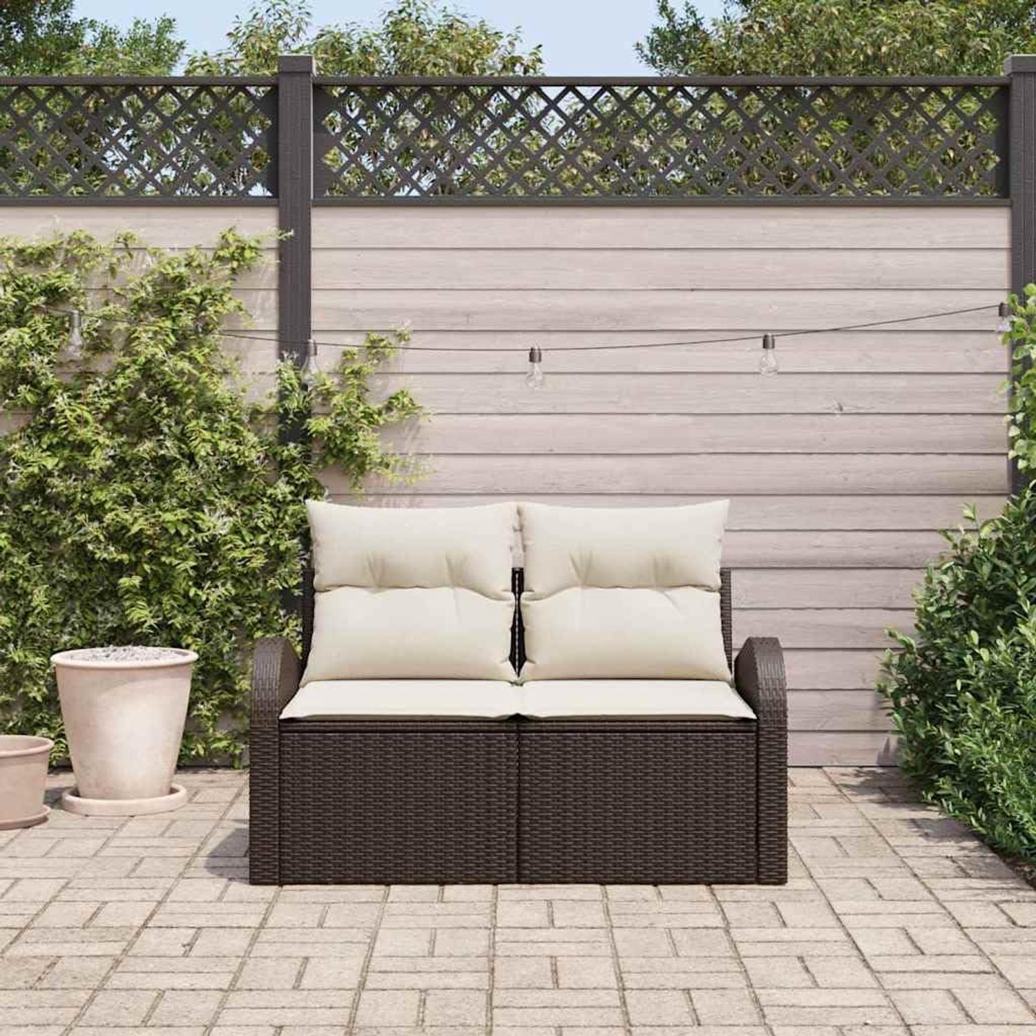 Tuinbank met stalen frame in bruin van polyrotan voor terras, tuinbank met strakke lijnen en minimalistisch design, weerbestendige outdoorbank met strakke lijnen