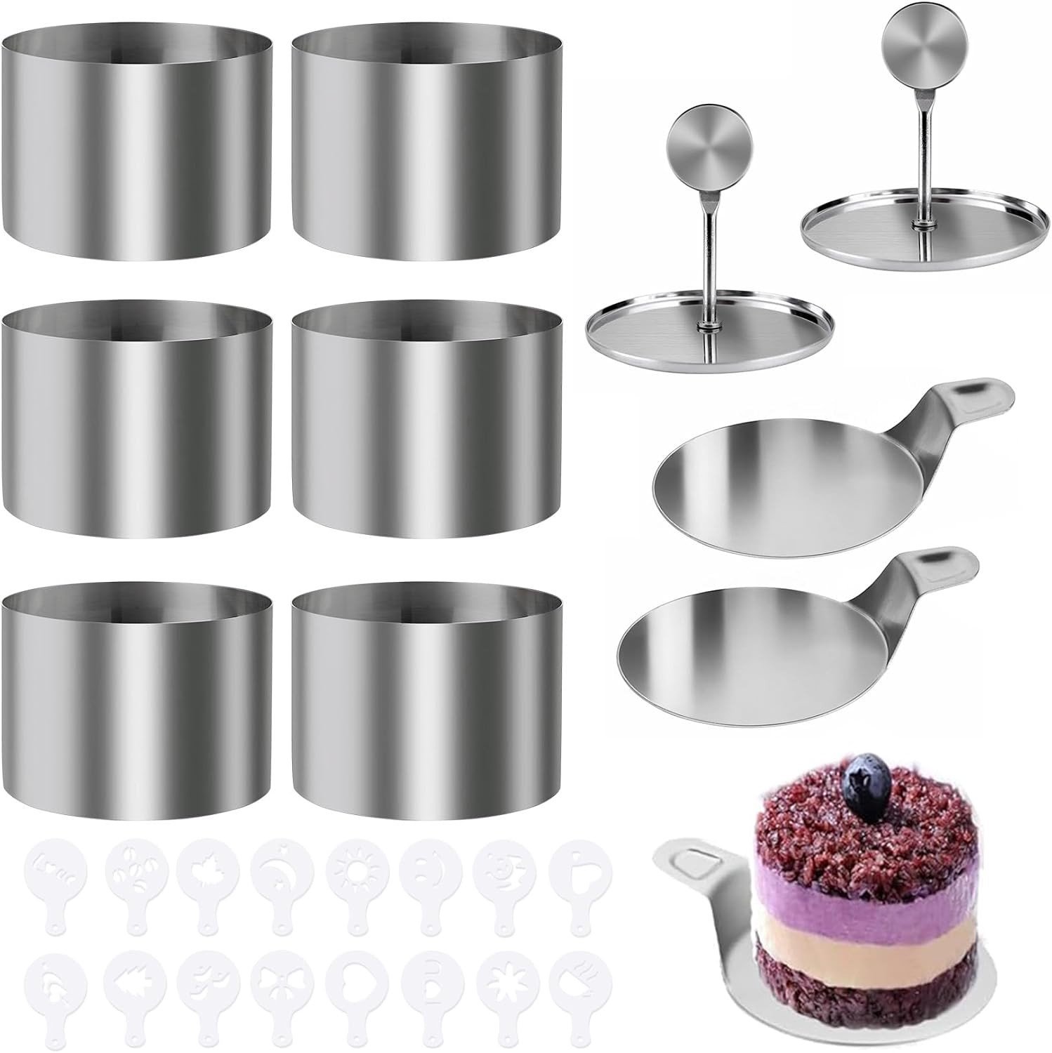Set van 6 ronde mousse ringvormen met deksels en sjablonen, roestvrij staal, ideaal voor desserts en gebak