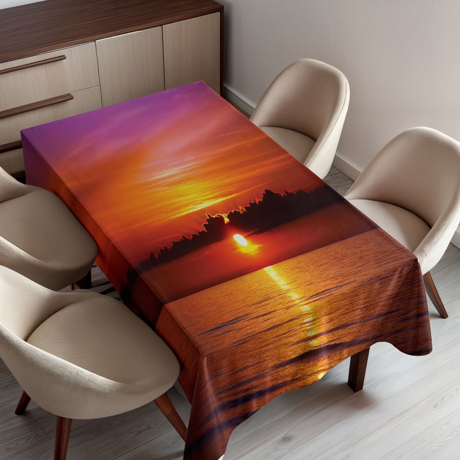 ABAKUHAUS Oceaan Tafelkleed, Romantische Zonsondergang op het Strand met Zonnestralen Reflectie op Zee en Kleurrijke Lucht, Rechthoekig Tafelkleed voor Eetkamer Keukendecoratie, 150 x 200 cm, Oranje Paars