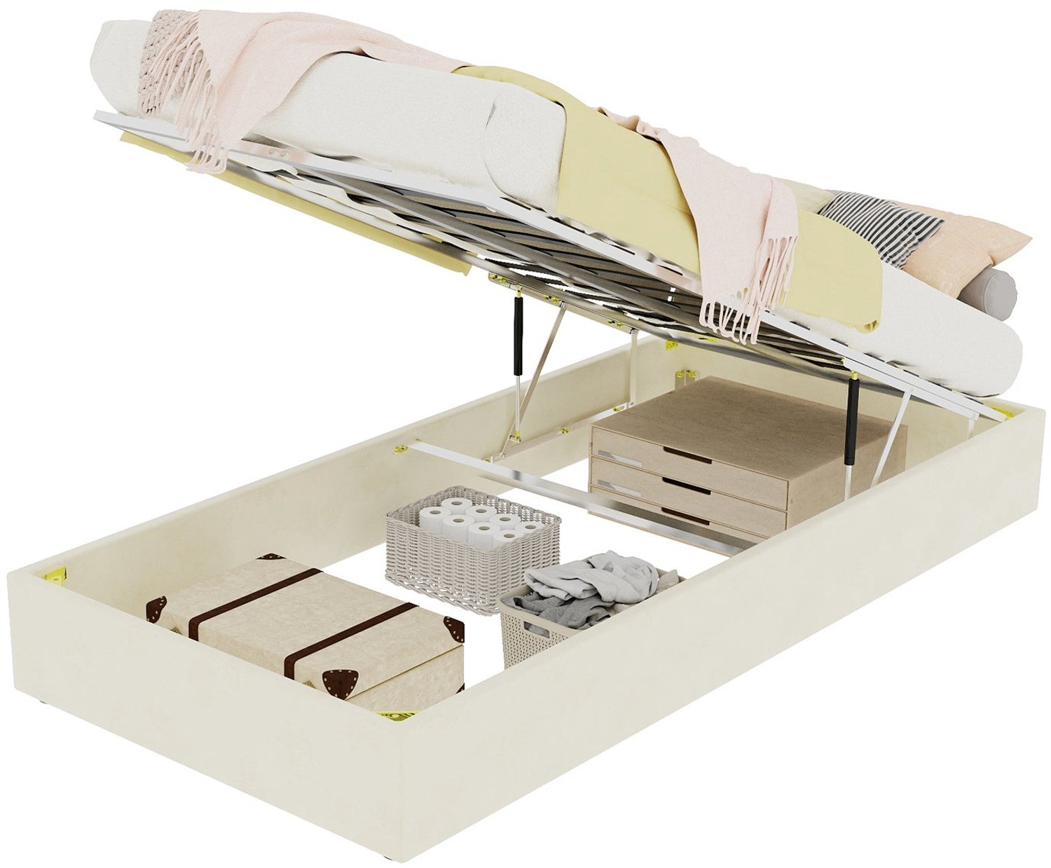 Merax Gestoffeerd Bed 90 x 200 cm - Beige - Fluwelen Stof - Bed Met Opbergruimte - Gasveermechanisme - Houten Lattenbodem - Zonder Hoofdbord En Matras