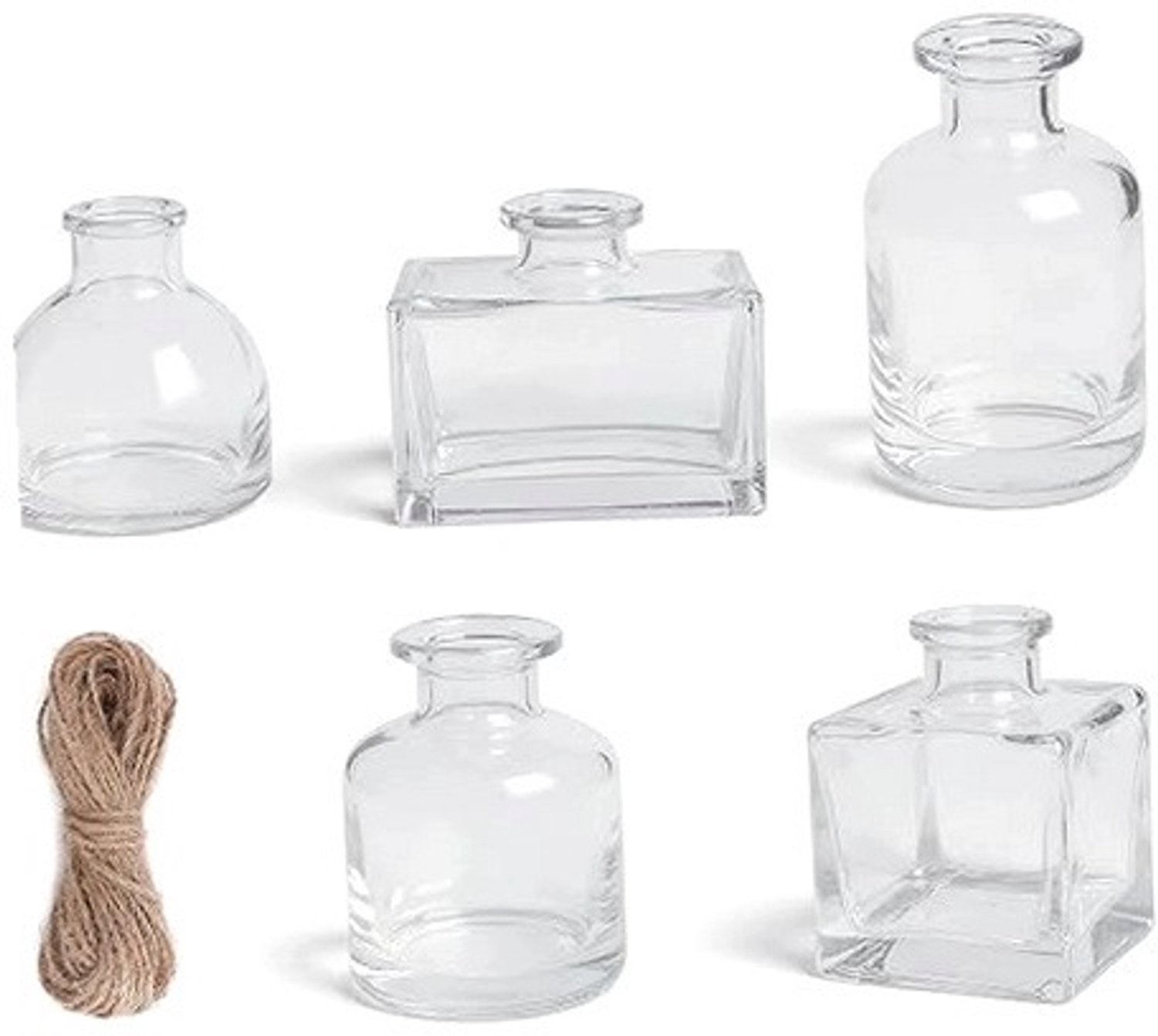 Set van 5 glazen vazen, vintage boho met jutelijn
