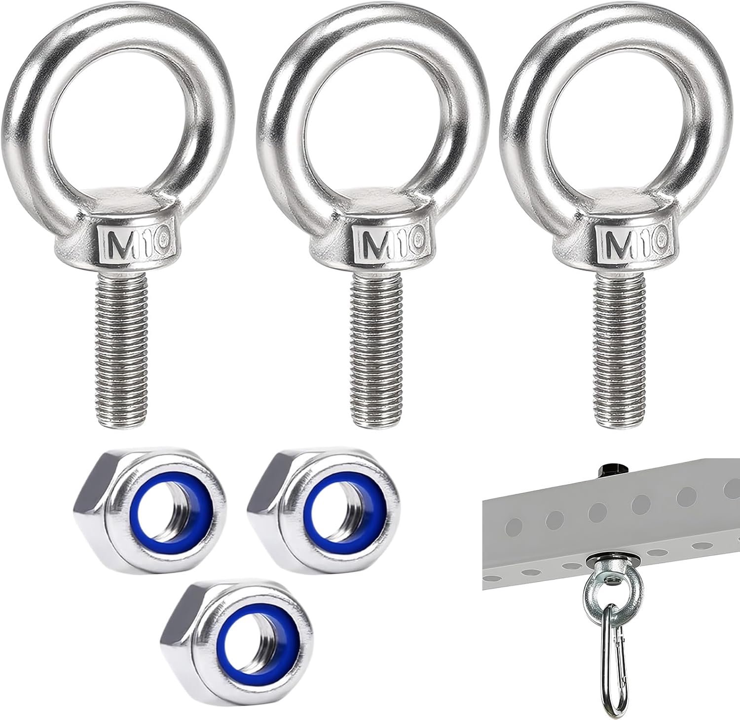 Set oogbouten M10x40 mm RVS 304 – 3 stuks met veiligheidsmoeren, roestvrij en sterk, geschikt voor ophangen, montage en buitengebruik