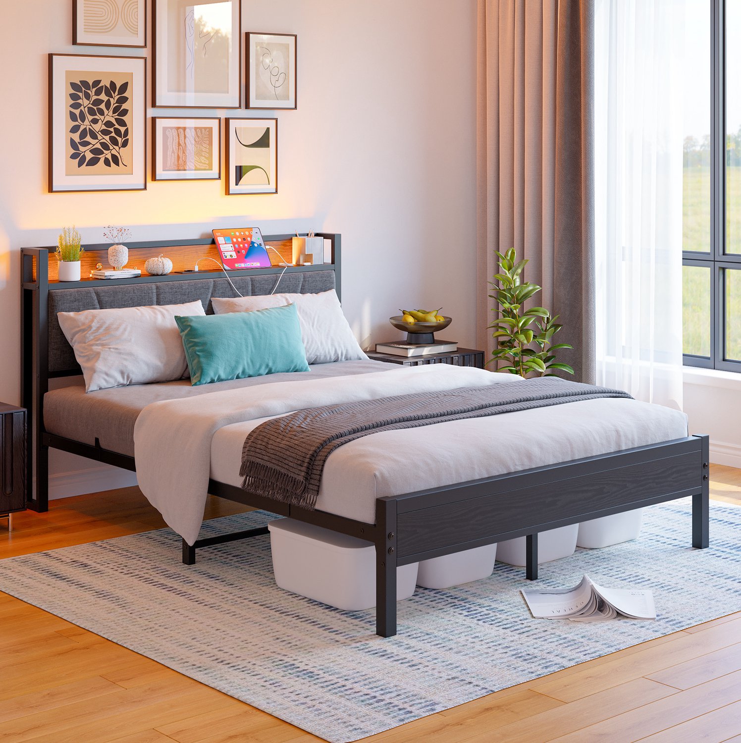CHICFURN Metalen Bedframe 140 x 200 cm - LED-verlichting - USB - Opberghoofdbord Zwart