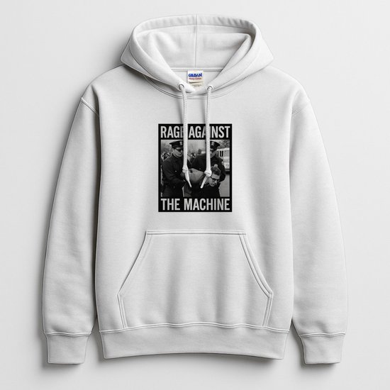 Witte hoodie met Rage Against the Machine grafische print op de borst, capuchon met trekkoord en kangoeroezak.