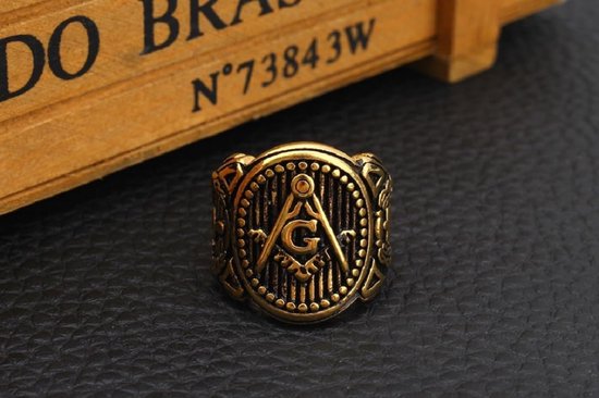 Vrijmetselaar gestreepte ring voor heren gouden vrijmetselaar troffel ring vintage klassieke meester-metselaarssieraden — afbeelding 4