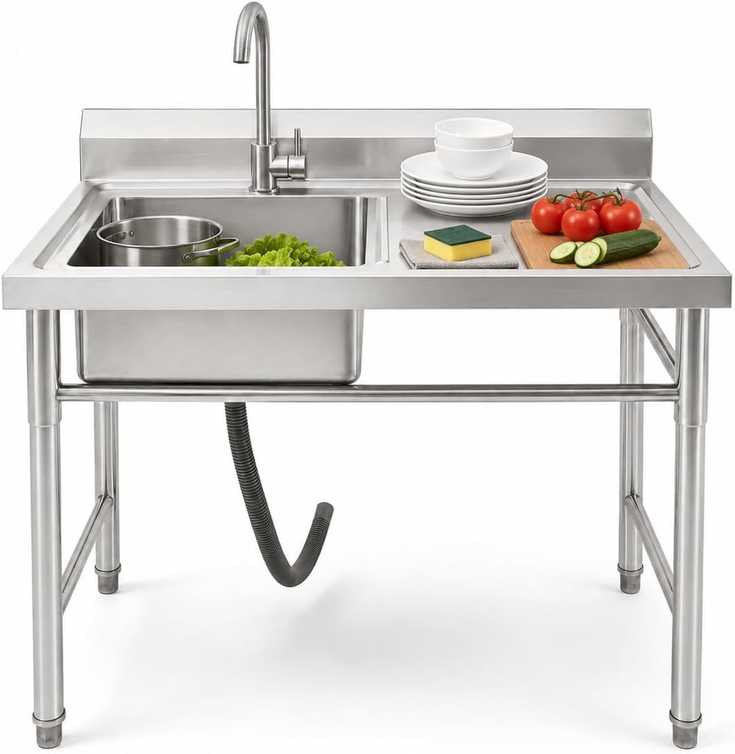 Spoelbak, vrijstaand, spoelbak met kraan, legplank en afvoerzeef, gastro-uitloopspoelbak, 1 wastafel, outdoor spoelbak voor keuken, tuin, garage, wasruimte