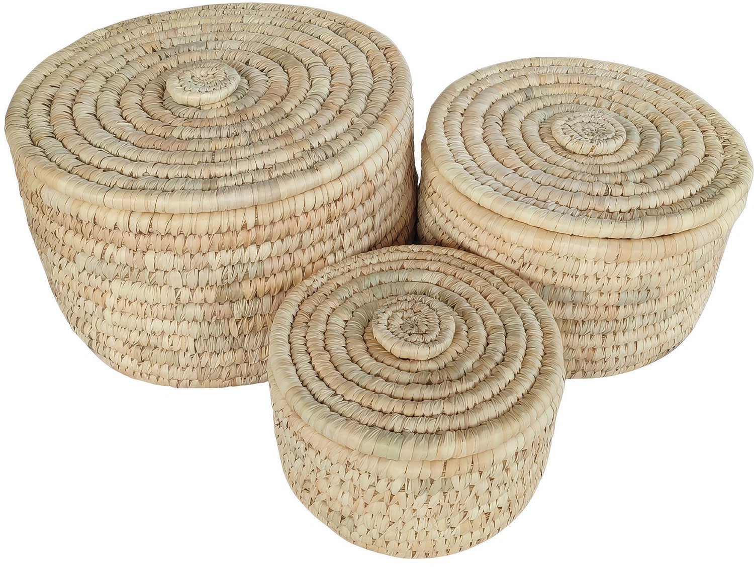 Ronde opbergmand met deksel – palmblad – set van 3 – naturel