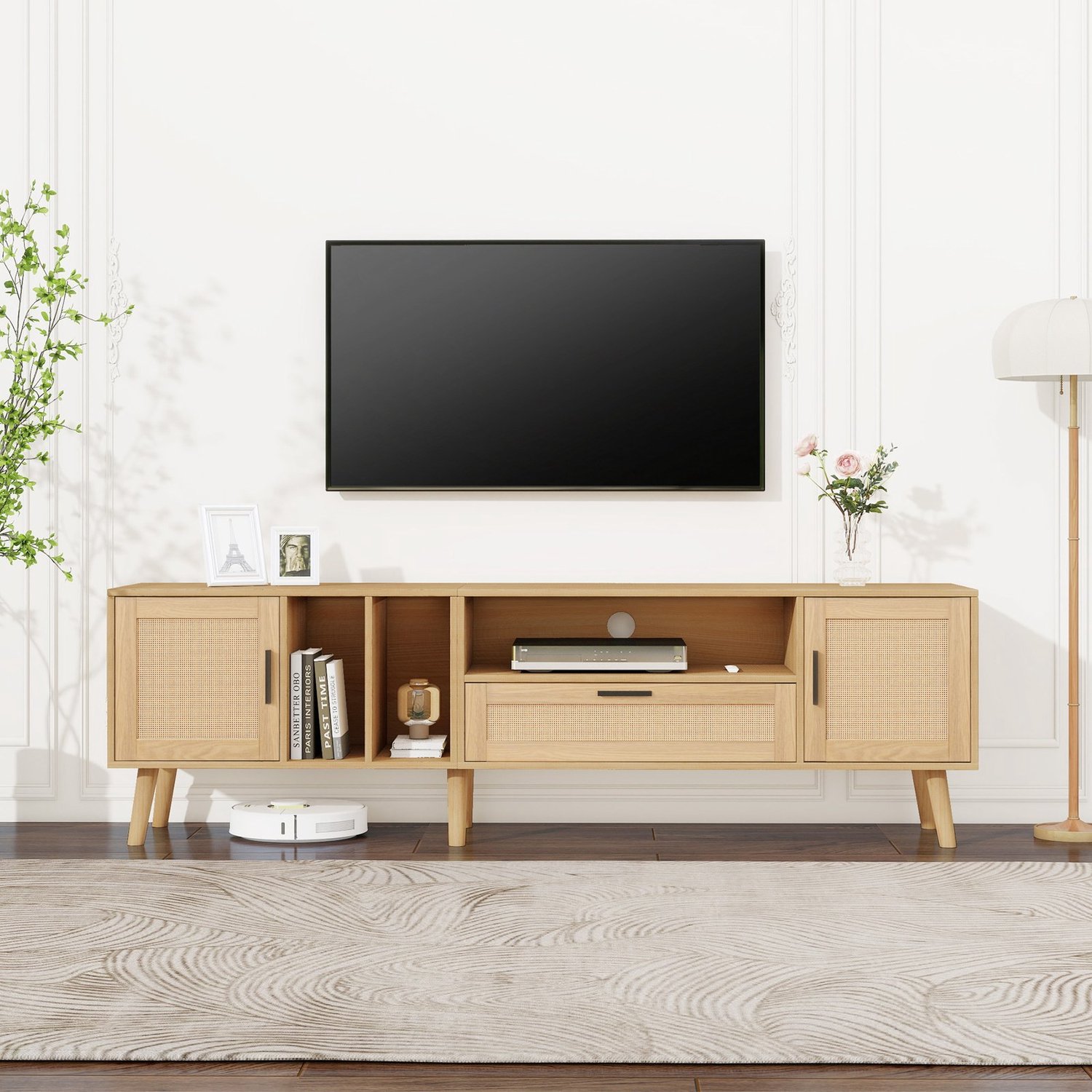 Tv-meubel 180 cm met rotan deuren, lade en massief houten poten - eiken
