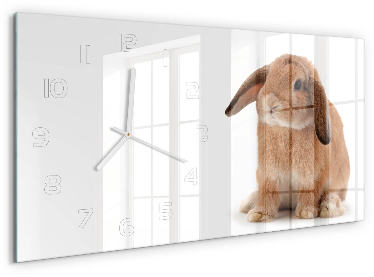 TULUP Wandklok - Rode Konijn Wandklok Glas Met Motief - 60x30 cm - Oranje Decoratieve Glazen Klok - Witte handen - Rechthoekige Klok - Gekleurde Glazen Klok - Glazen Klok Met Print
