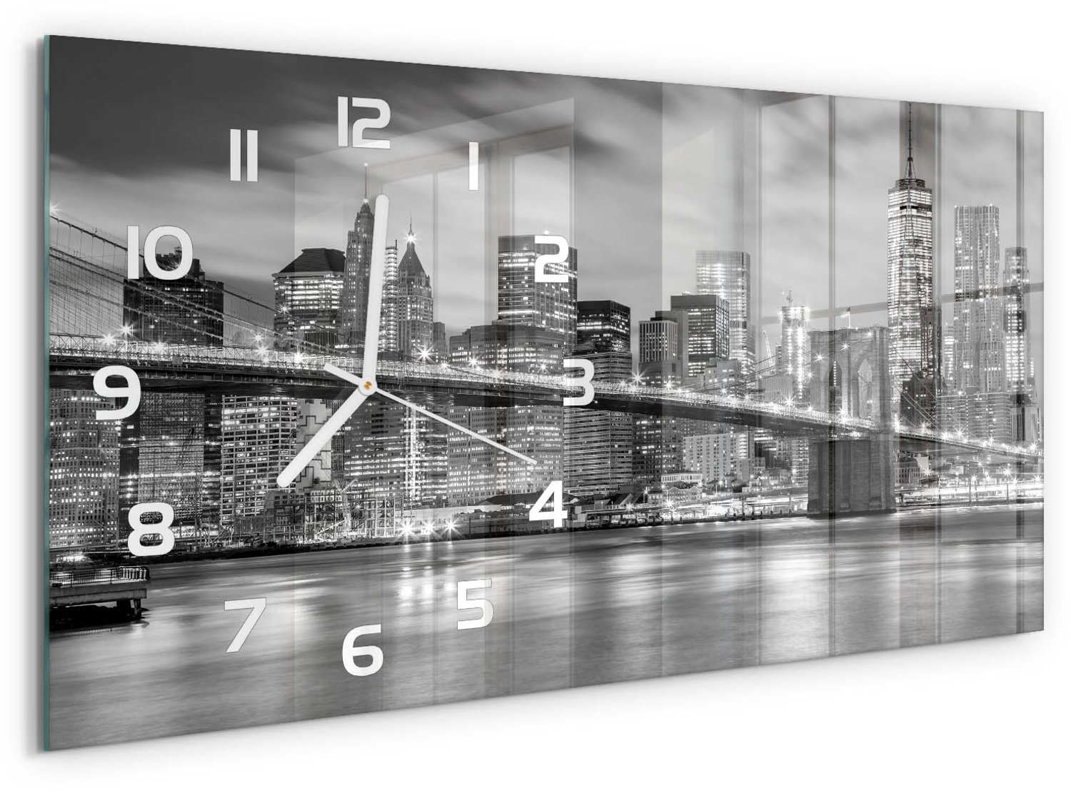 TULUP Wandklok - Manhattan, New York Moderne Wandklok Glas - 60x30 cm - Zwart-wit Wandklok Glas Decoratie - Witte handen - Rechthoekige Klok - Glazen Wandklok Design - Klok Glas Met Opdruk