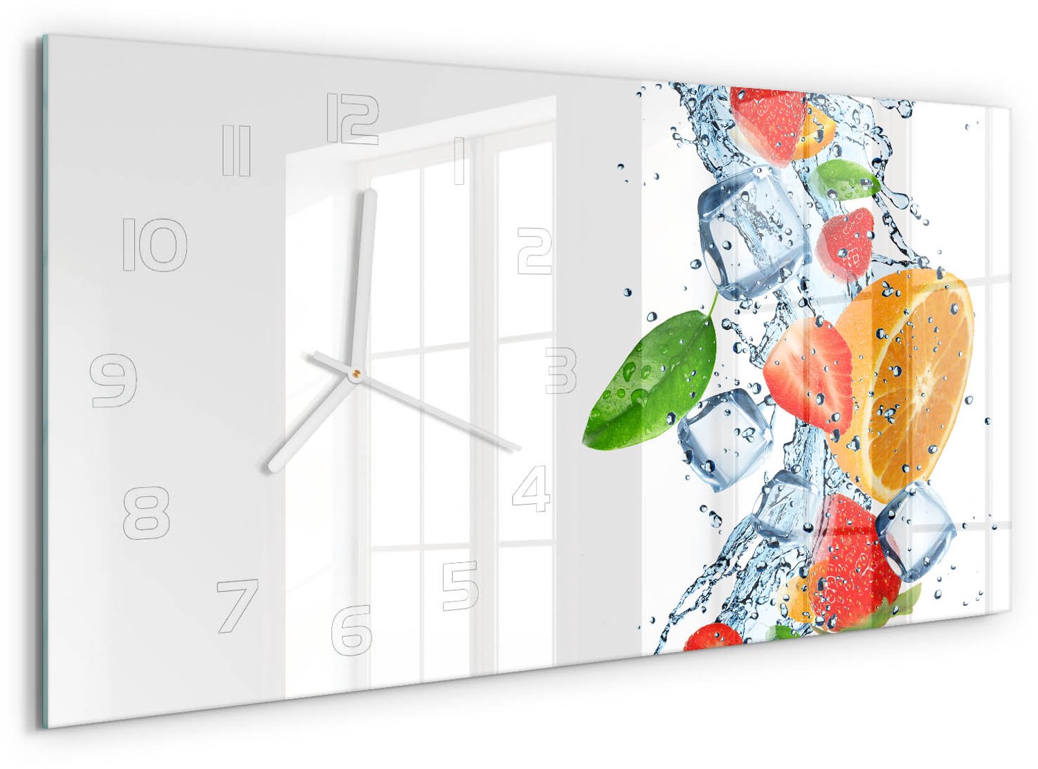 TULUP Wandklok - Fruit met ijs Gekleurde Glazen Klok - 60x30 cm - Veelkleurig Glazen Klok Met Print - Witte handen - Rechthoekige Klok - Moderne Wandklok Glas - Wandklok Glas Decoratie