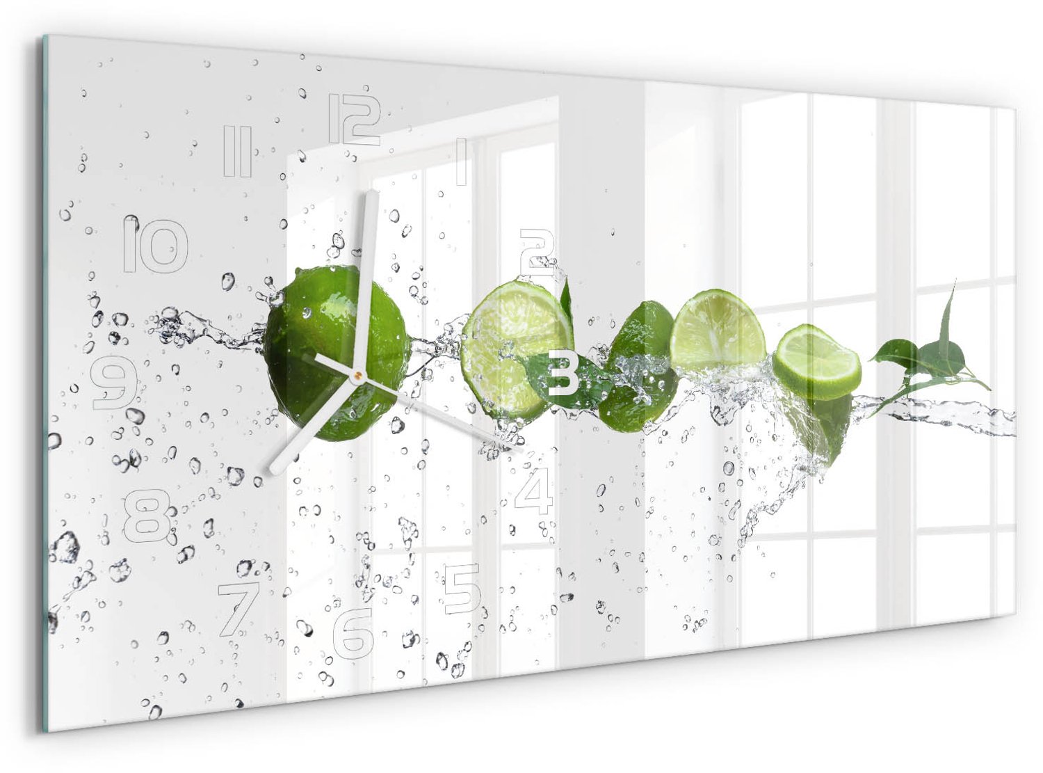 TULUP Wandklok - Kalk en water Wandklok Glas Decoratie - 60x30 cm - Groente Gekleurde Glazen Klok - Witte handen - Rechthoekige Klok - Klok Glas Met Opdruk - Moderne Wandklok Glas