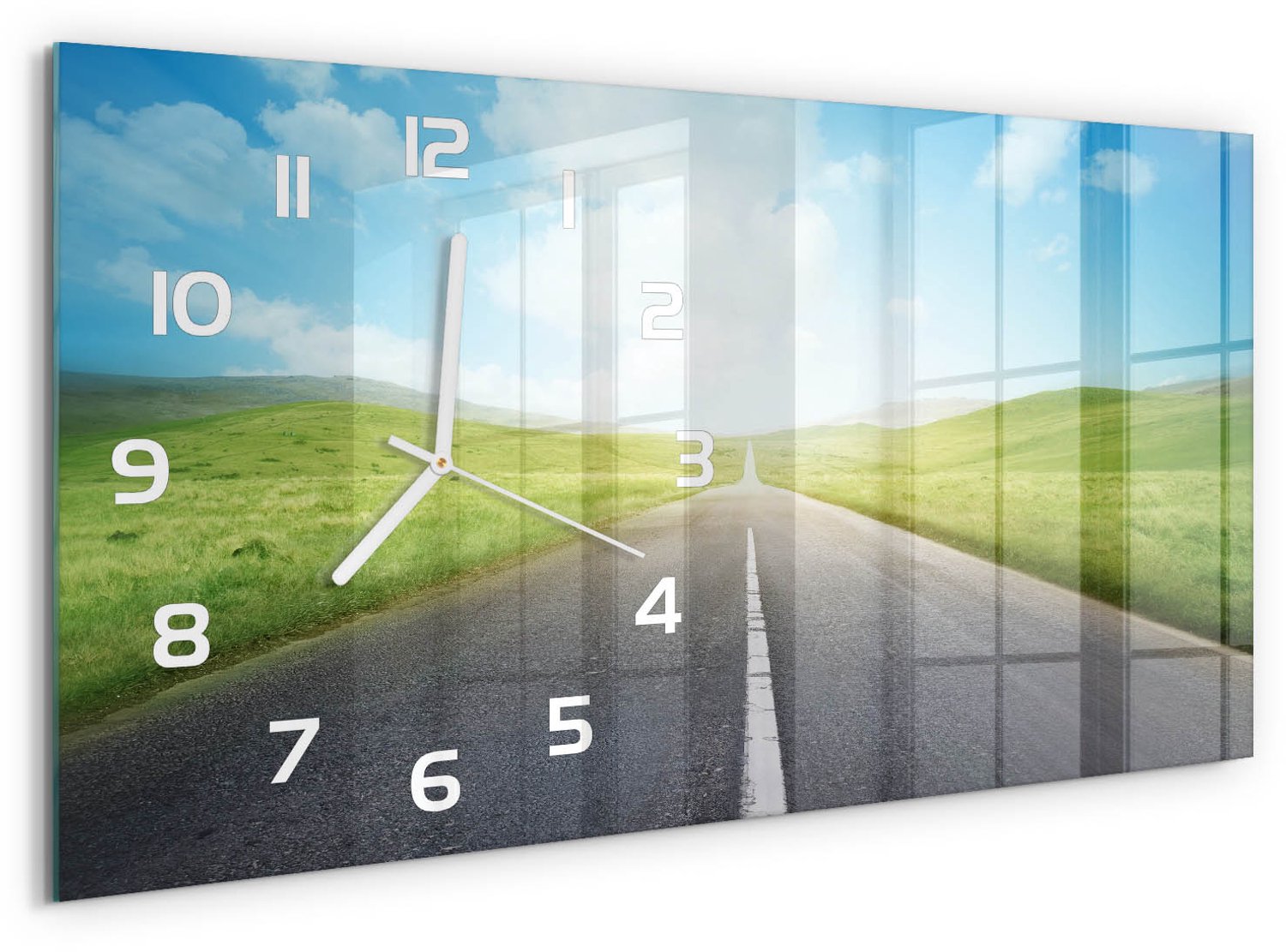 TULUP Wandklok - De weg door de weide Wandklok Glas Decoratie - 60x30 cm - Groente Gekleurde Glazen Klok - Witte handen - Rechthoekige Klok - Klok Glas Met Opdruk - Moderne Wandklok Glas