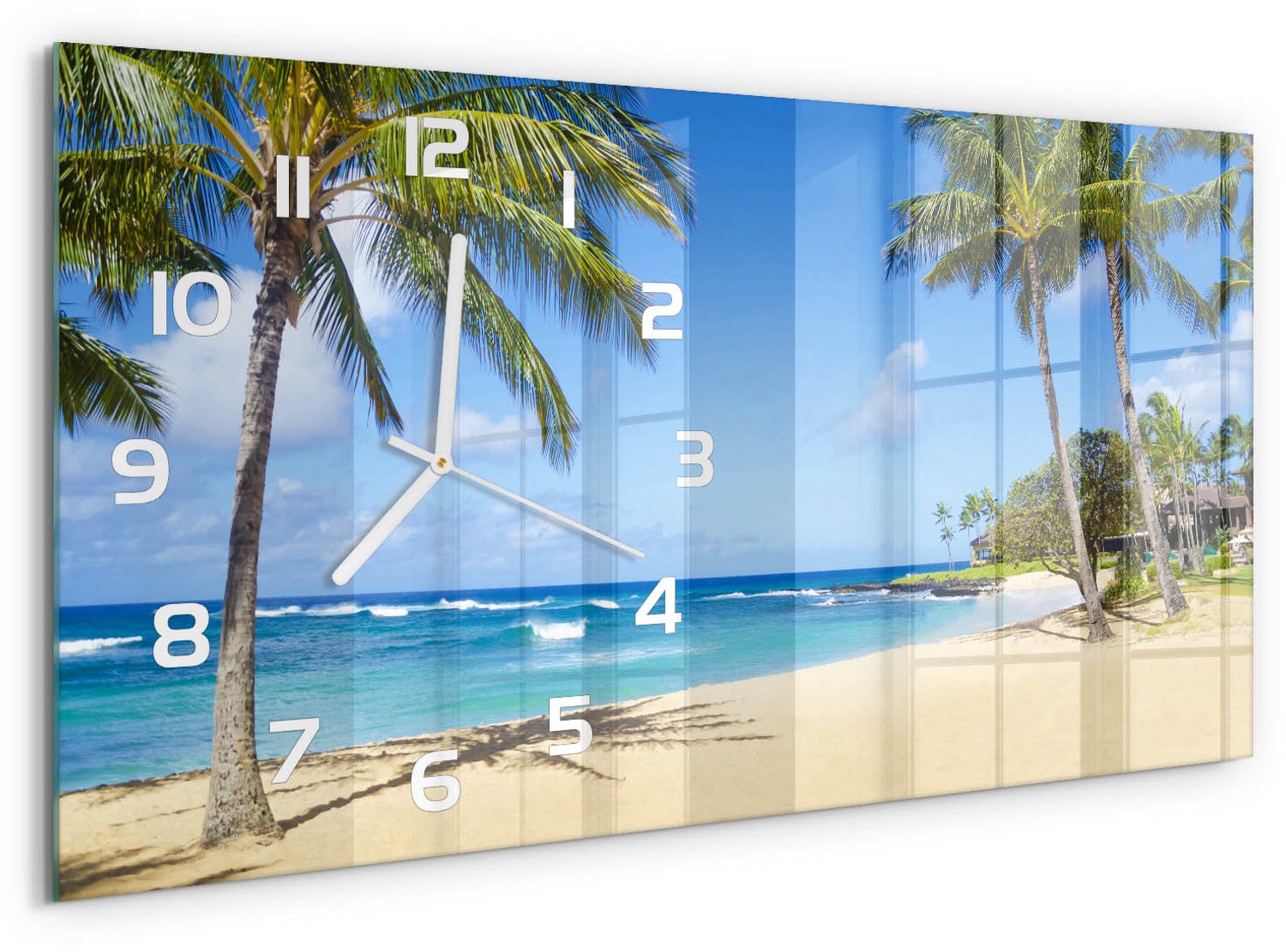 TULUP Wandklok - Tropisch strand Wandklok Glas Decoratie - 60x30 cm - Blauw Gekleurde Glazen Klok - Witte handen - Rechthoekige Klok - Klok Glas Met Opdruk - Moderne Wandklok Glas