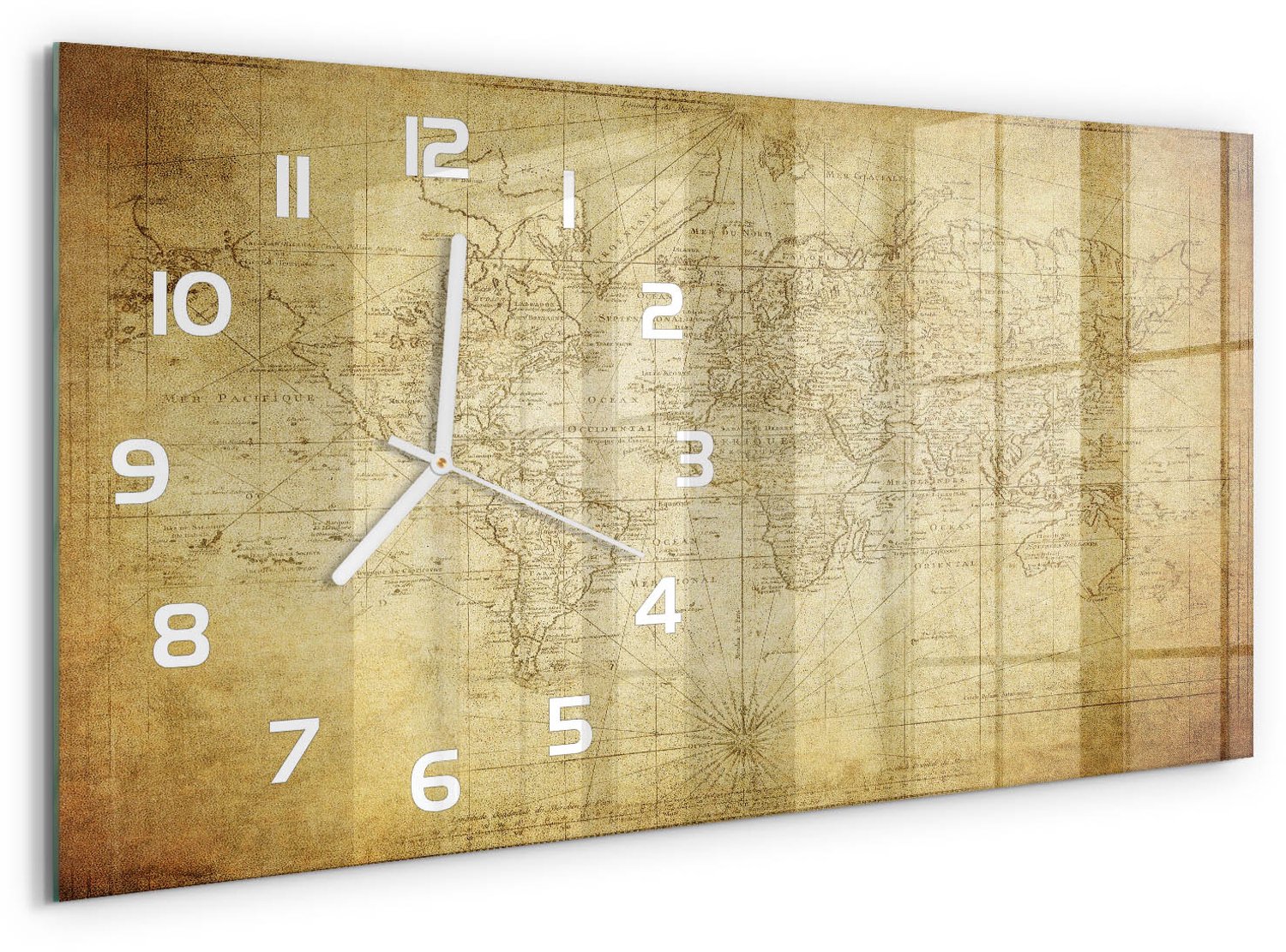 TULUP Wandklok - Oude wereldkaart Klok Glas Met Opdruk - 60x30 cm - Beige Moderne Wandklok Glas - Witte handen - Rechthoekige Klok - Decoratieve Glazen Klok - Glazen Wandklok Design