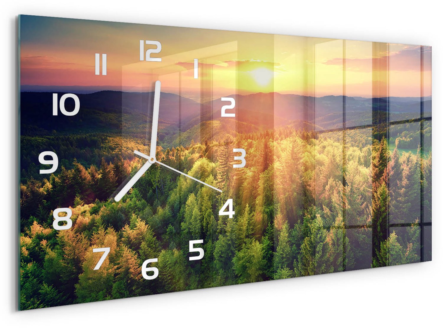 TULUP Wandklok - Zonsondergang in het bos Wandklok Glas Met Motief - 60x30 cm - Geel Decoratieve Glazen Klok - Witte handen - Rechthoekige Klok - Gekleurde Glazen Klok - Glazen Klok Met Print