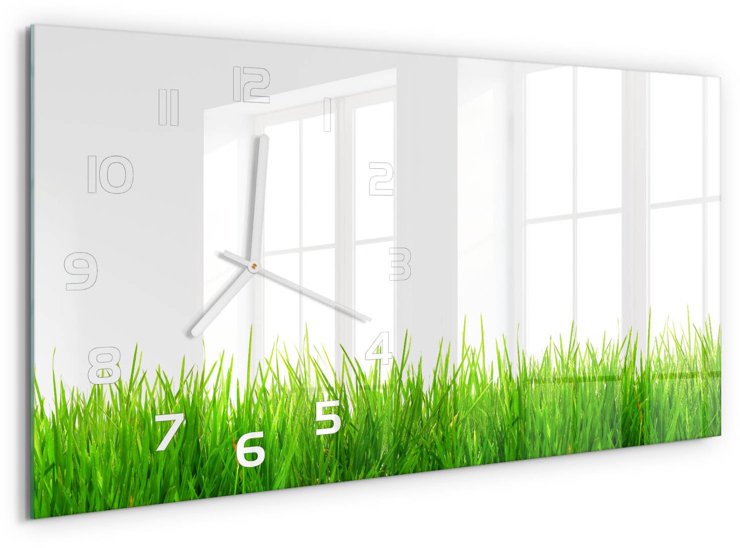TULUP Wandklok - Gras Glazen Klok Met Print - 60x30 cm - Groente Wandklok Glas Met Motief - Witte handen - Rechthoekige Klok - Wandklok Glas Decoratie - Gekleurde Glazen Klok