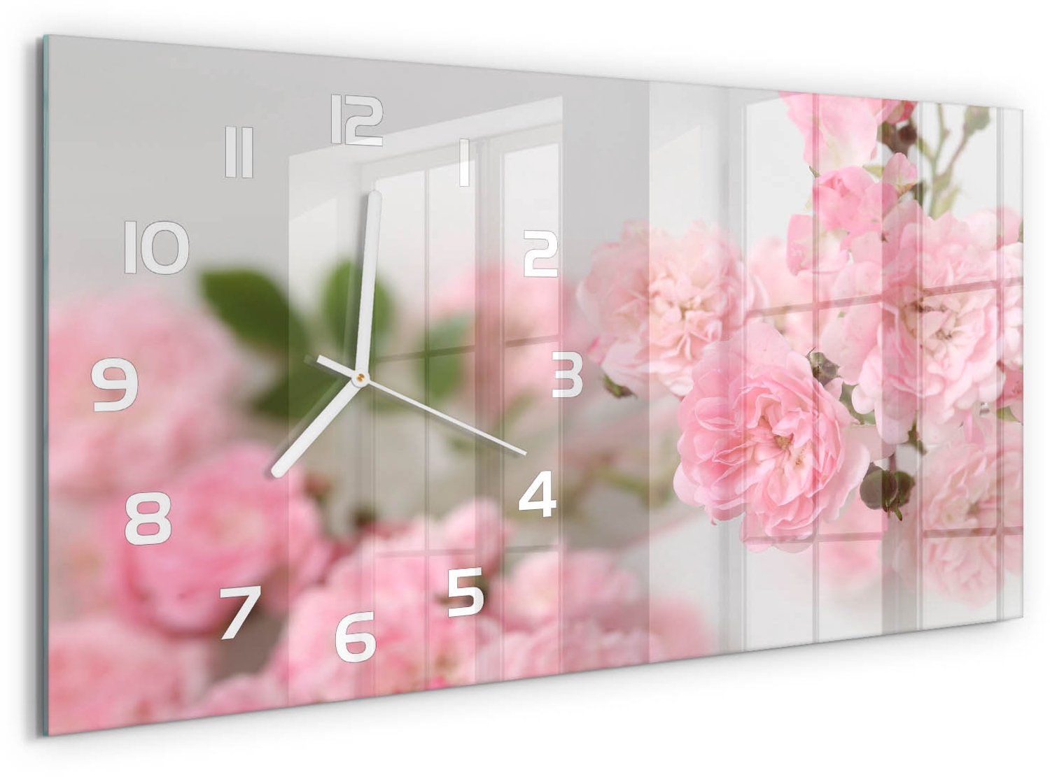TULUP Wandklok - Wilde rozen Decoratieve Glazen Klok - 60x30 cm - Roze Glazen Wandklok Design - Witte handen - Rechthoekige Klok - Glazen Klok Met Print - Wandklok Glas Met Motief