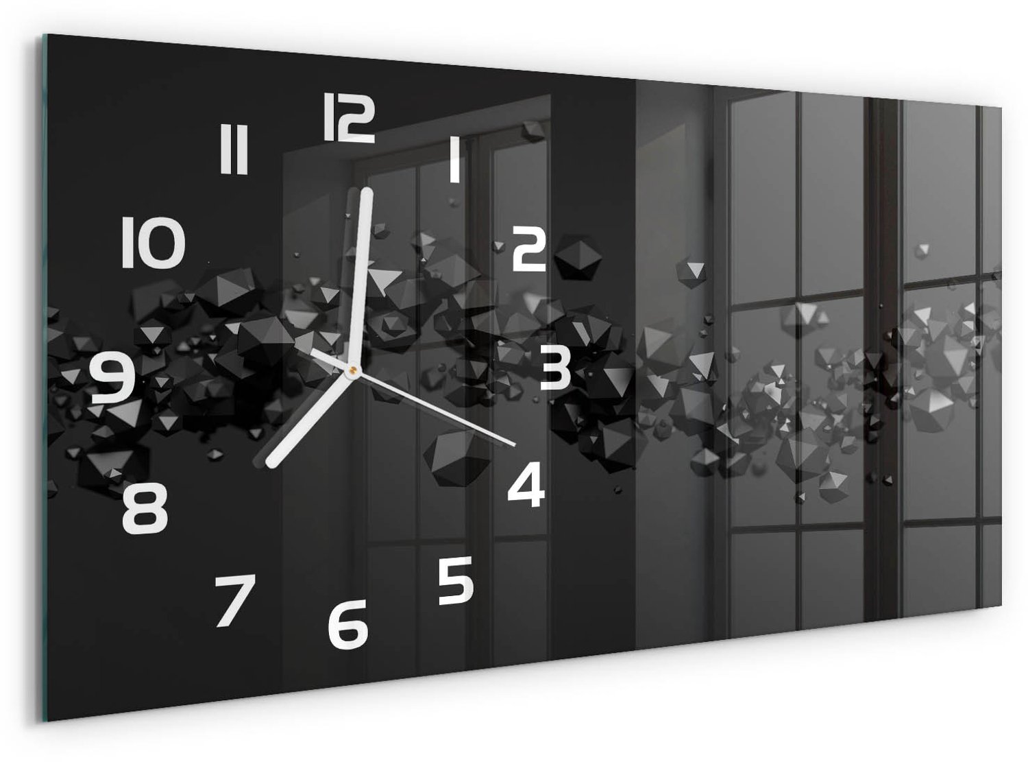 TULUP Wandklok - 3D-abstractie Glazen Klok Met Print - 60x30 cm - Zwart Wandklok Glas Met Motief - Witte handen - Rechthoekige Klok - Wandklok Glas Decoratie - Gekleurde Glazen Klok