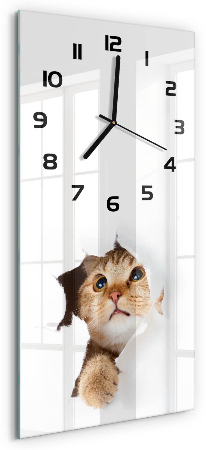 Tulup Wandklok - Kat in het gat Glazen Klok Met Print - 30x60 cm - Beige Wandklok Glas Met Motief - Zwarte handen - Rechthoekige Klok - Wandklok Glas Decoratie - Gekleurde Glazen Klok