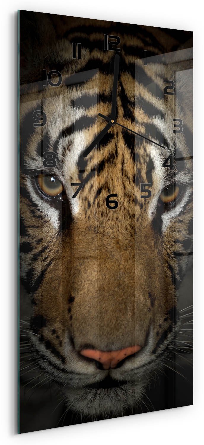 Tulup Wandklok - Tijger Wandklok Glas Met Motief - 30x60 cm - Bruin Decoratieve Glazen Klok - Zwarte handen - Rechthoekige Klok - Gekleurde Glazen Klok - Glazen Klok Met Print