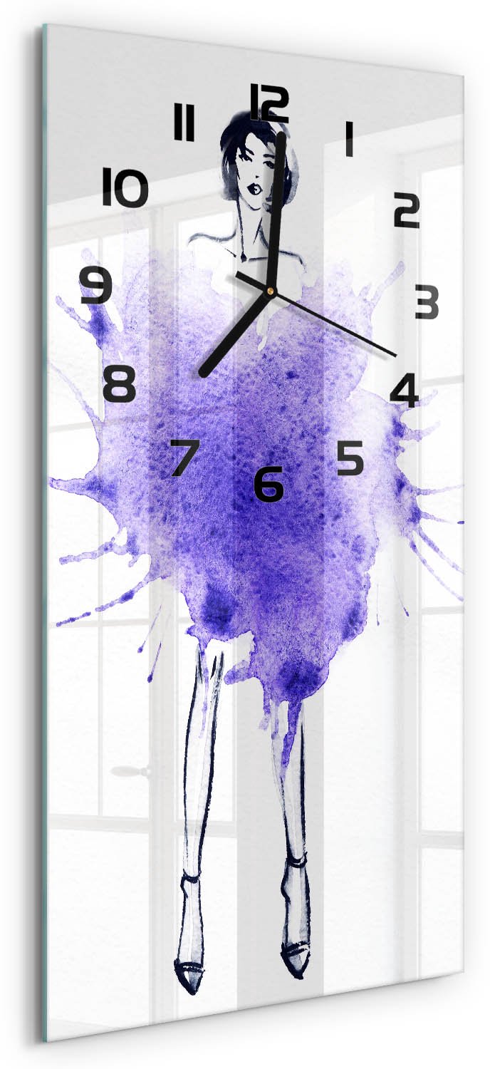 Tulup Wandklok - Mode-illustratie Wandklok Glas Decoratie - 30x60 cm - Paars Gekleurde Glazen Klok - Zwarte handen - Rechthoekige Klok - Klok Glas Met Opdruk - Moderne Wandklok Glas