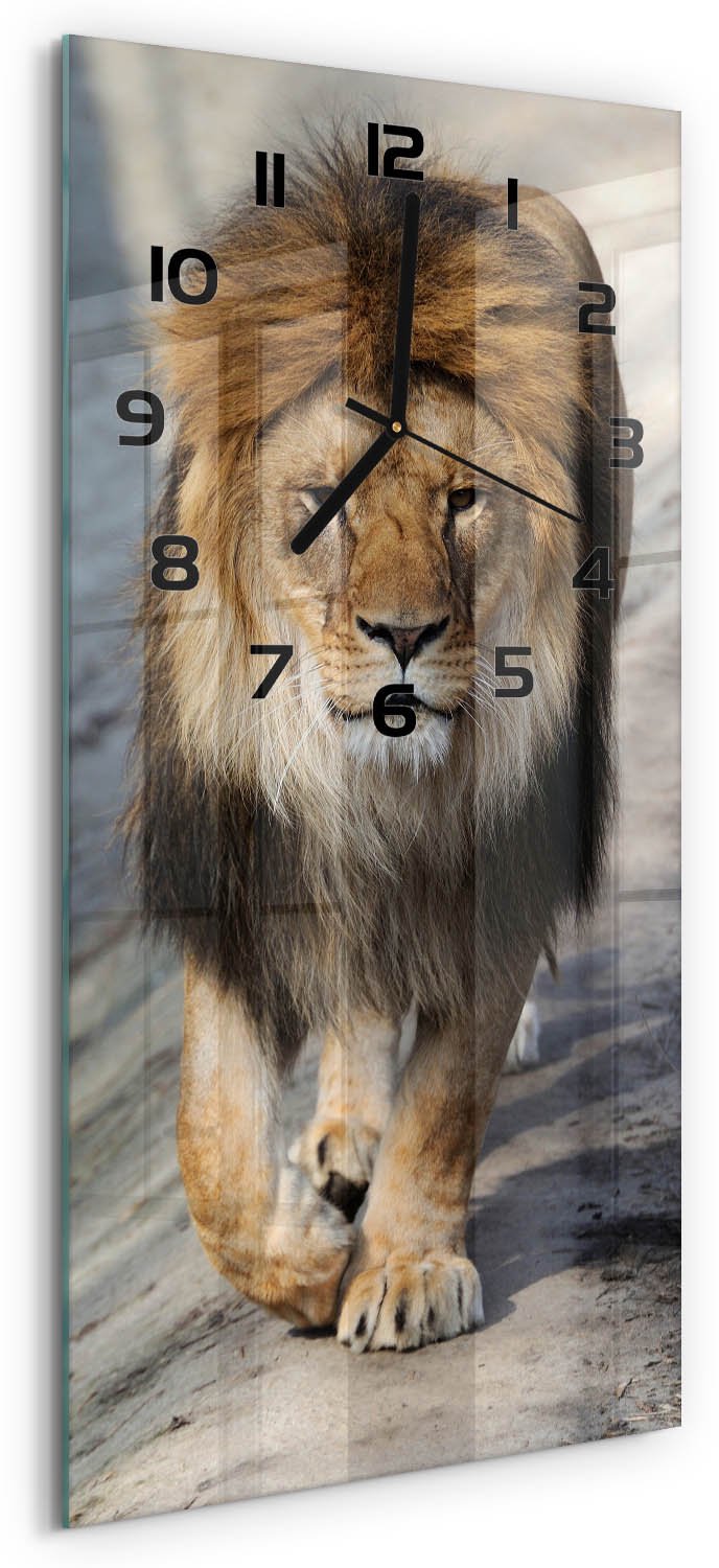 Tulup Wandklok - Leeuw Wandklok Glas Decoratie - 30x60 cm - Bruin Gekleurde Glazen Klok - Zwarte handen - Rechthoekige Klok - Klok Glas Met Opdruk - Moderne Wandklok Glas