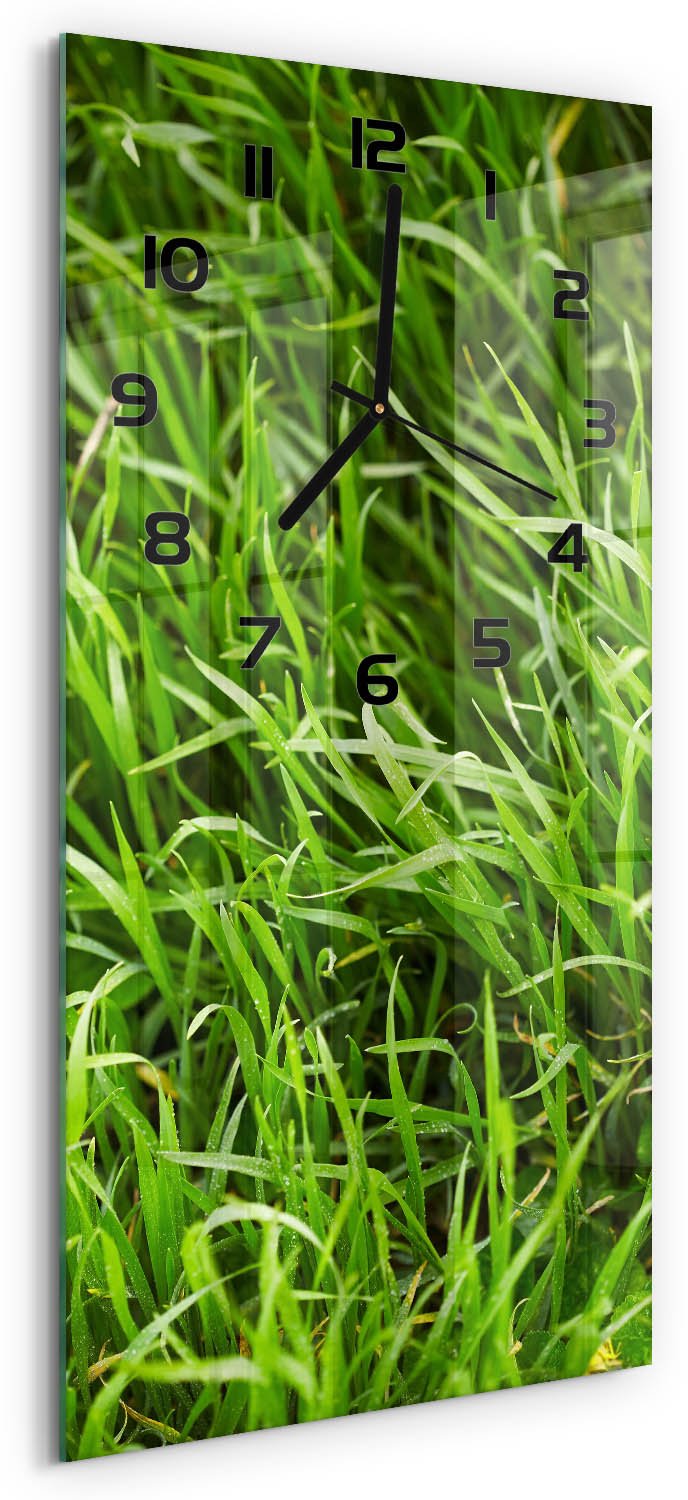 Tulup Wandklok - Gras Moderne Wandklok Glas - 30x60 cm - Groente Wandklok Glas Decoratie - Zwarte handen - Rechthoekige Klok - Glazen Wandklok Design - Klok Glas Met Opdruk