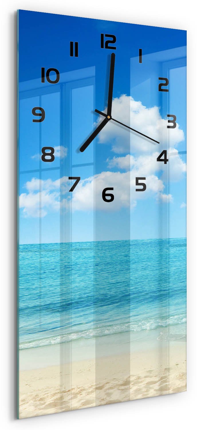 Tulup Wandklok - Paradijsstrand Klok Glas Met Opdruk - 30x60 cm - Blauw Moderne Wandklok Glas - Zwarte handen - Rechthoekige Klok - Decoratieve Glazen Klok - Glazen Wandklok Design