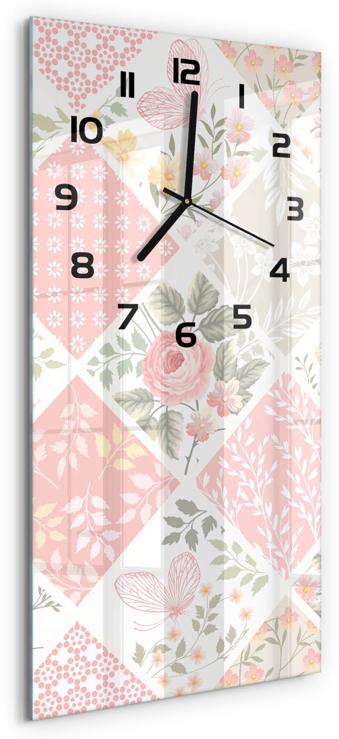 Tulup Wandklok - Bloemenpatroon Glazen Klok Met Print - 30x60 cm - Roze Wandklok Glas Met Motief - Zwarte handen - Rechthoekige Klok - Wandklok Glas Decoratie - Gekleurde Glazen Klok