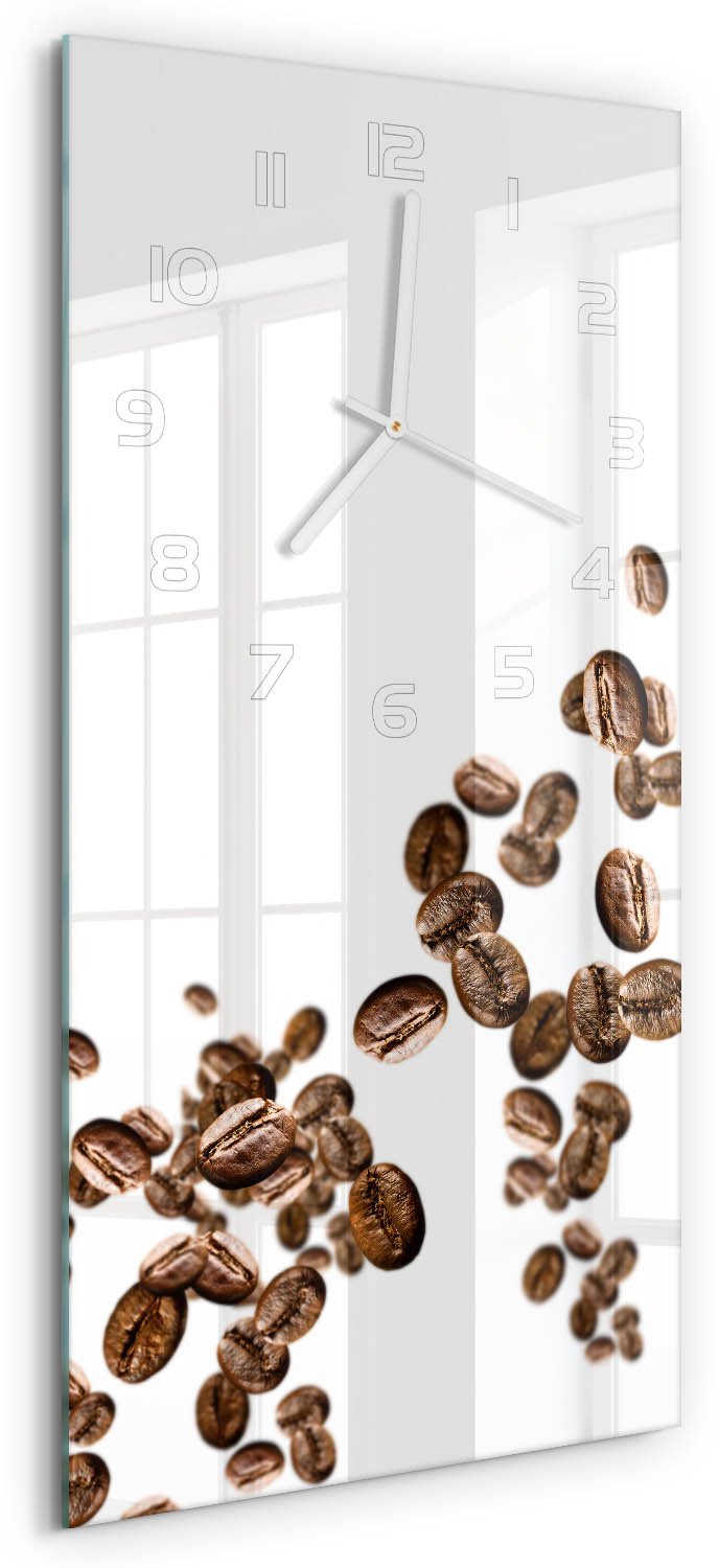 Tulup Wandklok - Koffiebonen Glazen Klok Met Print - 30x60 cm - Bruin Wandklok Glas Met Motief - Witte handen - Rechthoekige Klok - Wandklok Glas Decoratie - Gekleurde Glazen Klok