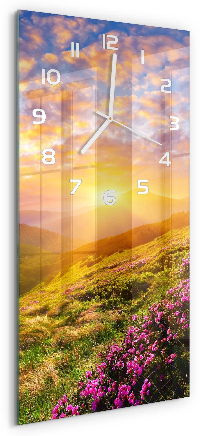 Tulup Wandklok - Bergen bij zonsondergang Wandklok Glas Met Motief - 30x60 cm - Veelkleurig Decoratieve Glazen Klok - Witte handen - Rechthoekige Klok - Gekleurde Glazen Klok - Glazen Klok Met Print