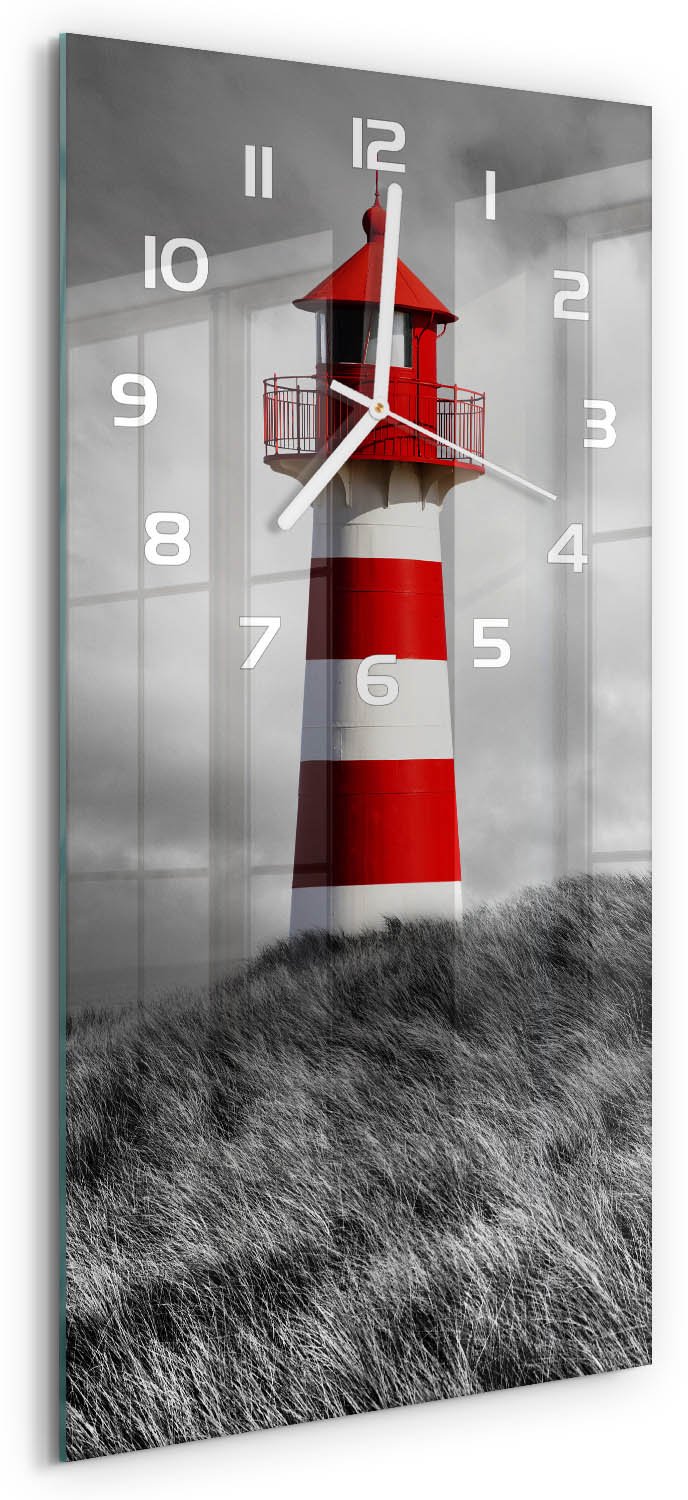 Tulup Wandklok - Vuurtoren Wandklok Glas Decoratie - 30x60 cm - Rood Gekleurde Glazen Klok - Witte handen - Rechthoekige Klok - Klok Glas Met Opdruk - Moderne Wandklok Glas