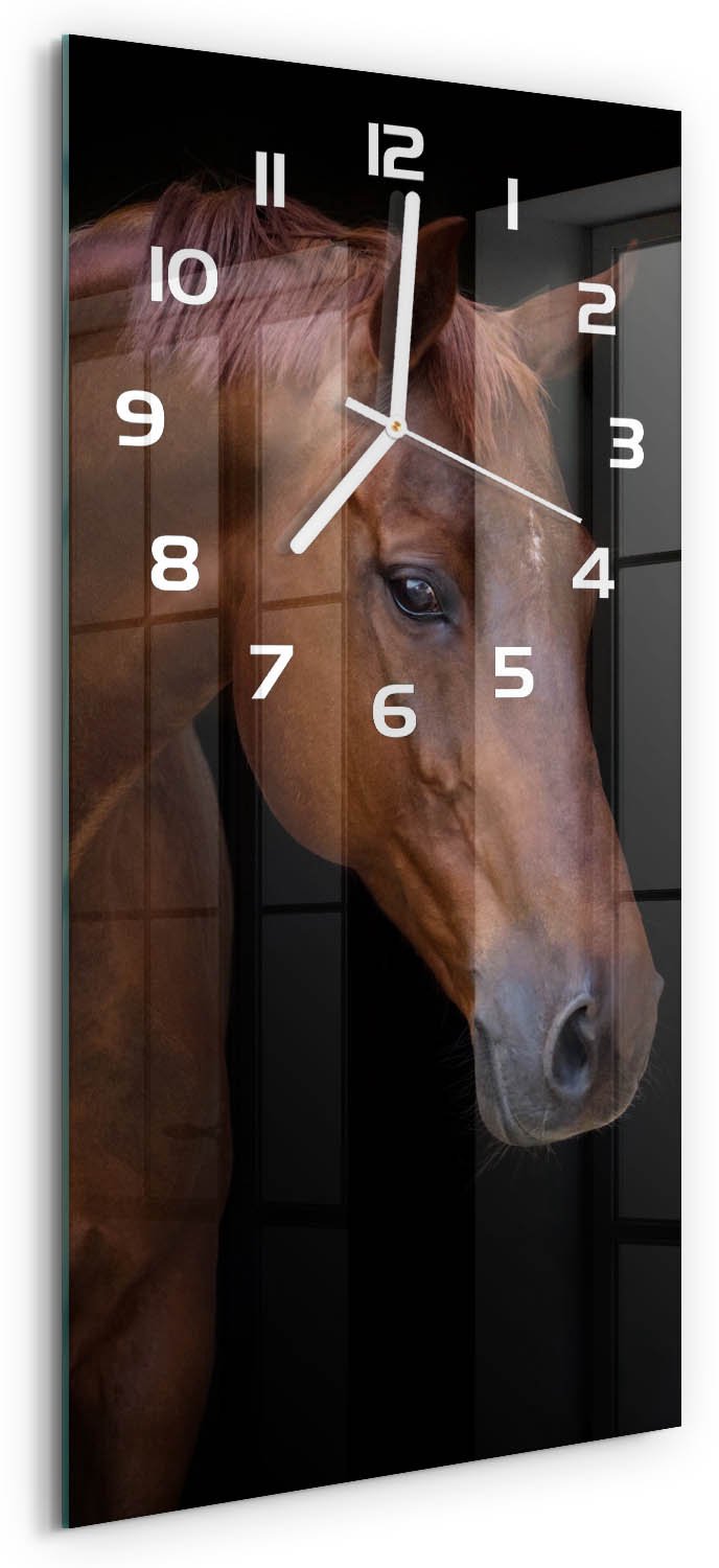 Tulup Wandklok - Bruin Paard Moderne Wandklok Glas - 30x60 cm - Bruin Wandklok Glas Decoratie - Witte handen - Rechthoekige Klok - Glazen Wandklok Design - Klok Glas Met Opdruk