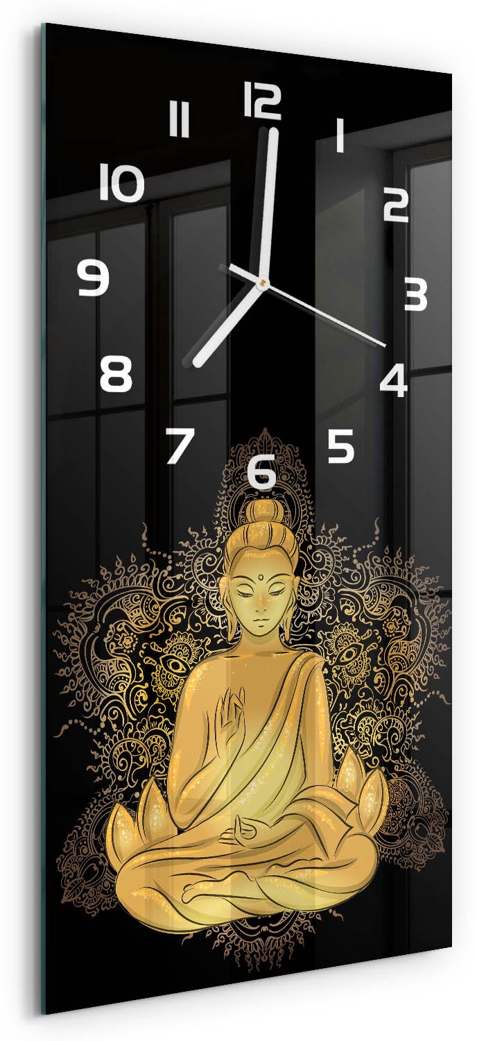 Tulup Wandklok - Boeddha en mandala Klok Glas Met Opdruk - 30x60 cm - Geel Moderne Wandklok Glas - Witte handen - Rechthoekige Klok - Decoratieve Glazen Klok - Glazen Wandklok Design