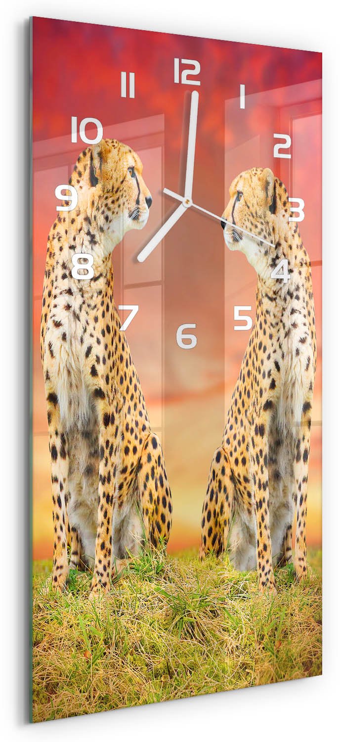 Tulup Wandklok - Twee cheeta's Gekleurde Glazen Klok - 30x60 cm - Oranje Glazen Klok Met Print - Witte handen - Rechthoekige Klok - Moderne Wandklok Glas - Wandklok Glas Decoratie