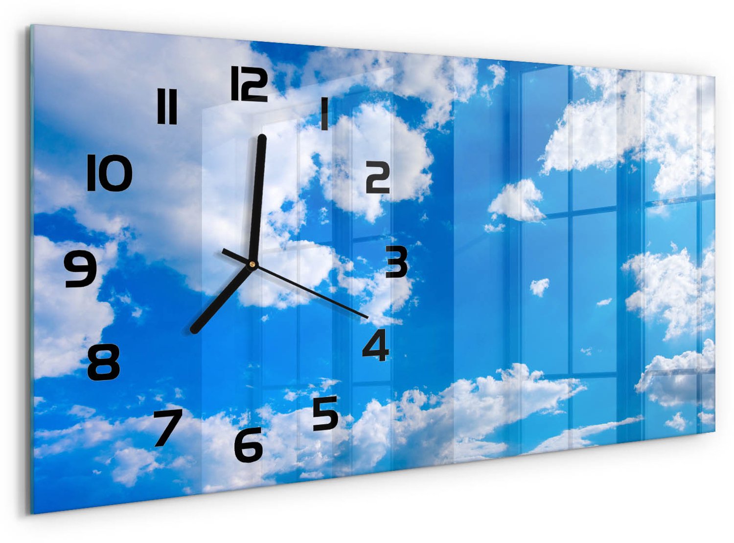 TULUP Wandklok - Wolken aan de hemel Wandklok Glas Met Motief - 60x30 cm - Blauw Decoratieve Glazen Klok - Zwarte handen - Rechthoekige Klok - Gekleurde Glazen Klok - Glazen Klok Met Print