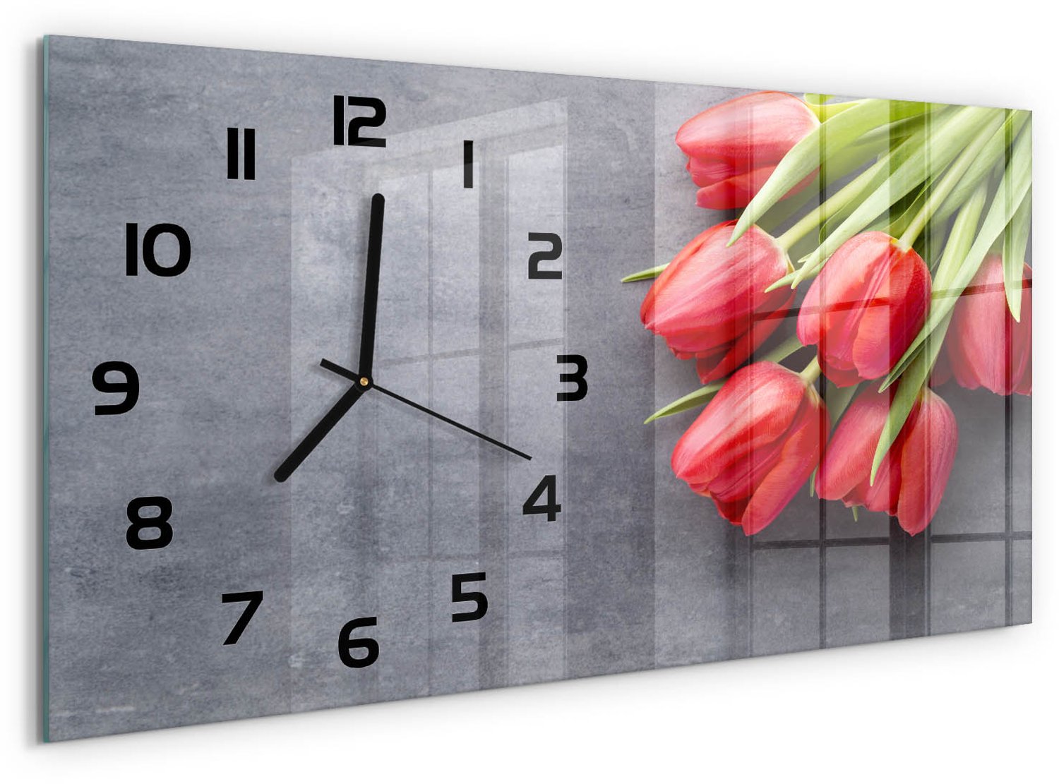 TULUP Wandklok - Rode tulpen Wandklok Glas Met Motief - 60x30 cm - Rood Decoratieve Glazen Klok - Zwarte handen - Rechthoekige Klok - Gekleurde Glazen Klok - Glazen Klok Met Print