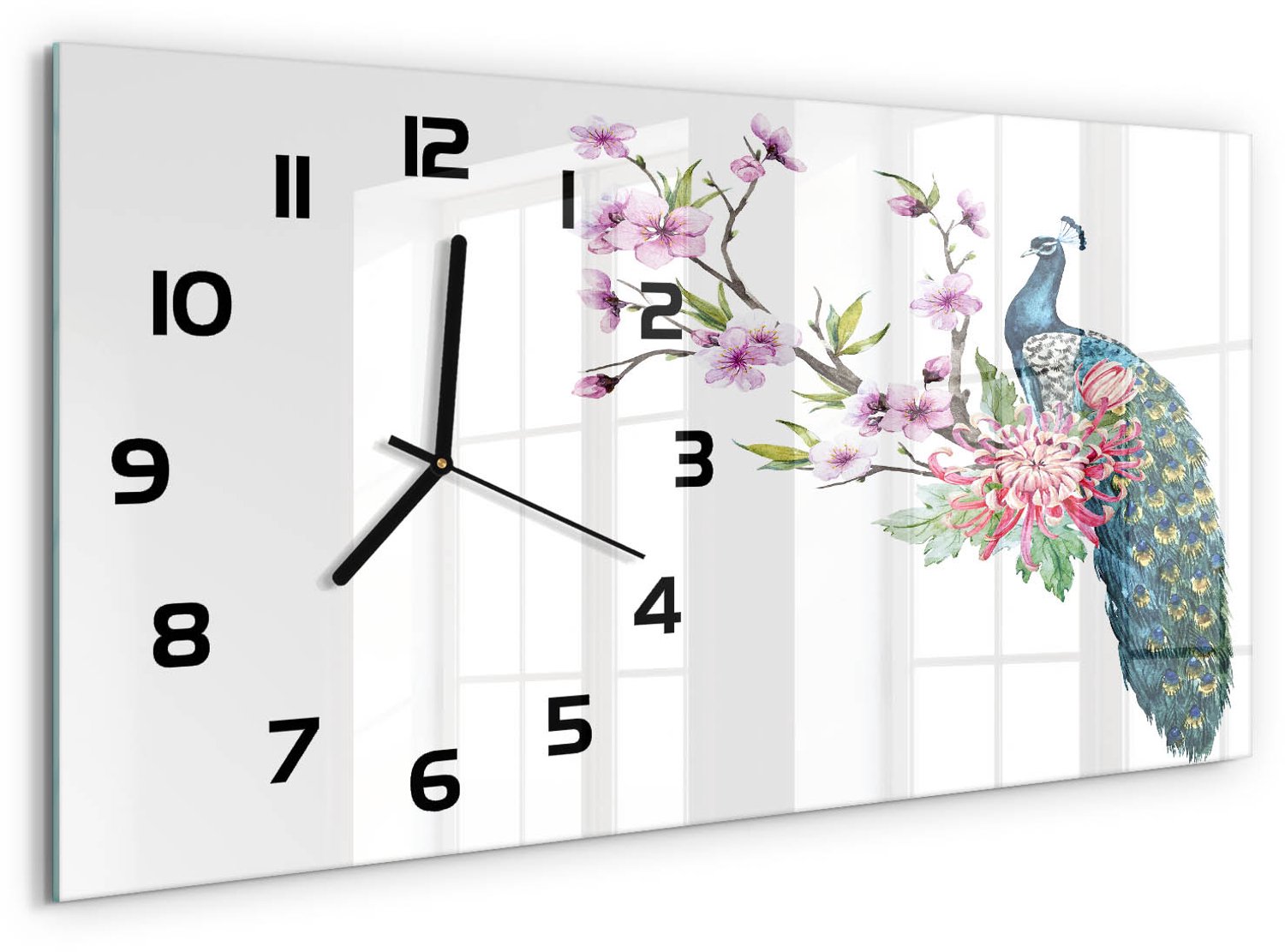TULUP Wandklok - Pauw en bloemen Glazen Klok Met Print - 60x30 cm - Veelkleurig Wandklok Glas Met Motief - Zwarte handen - Rechthoekige Klok - Wandklok Glas Decoratie - Gekleurde Glazen Klok
