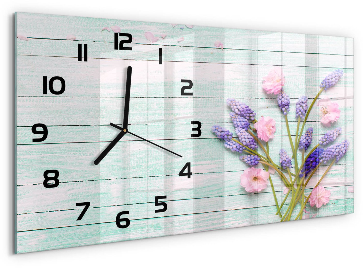 TULUP Wandklok - Lavendel op hout Gekleurde Glazen Klok - 60x30 cm - Paars Glazen Klok Met Print - Zwarte handen - Rechthoekige Klok - Moderne Wandklok Glas - Wandklok Glas Decoratie
