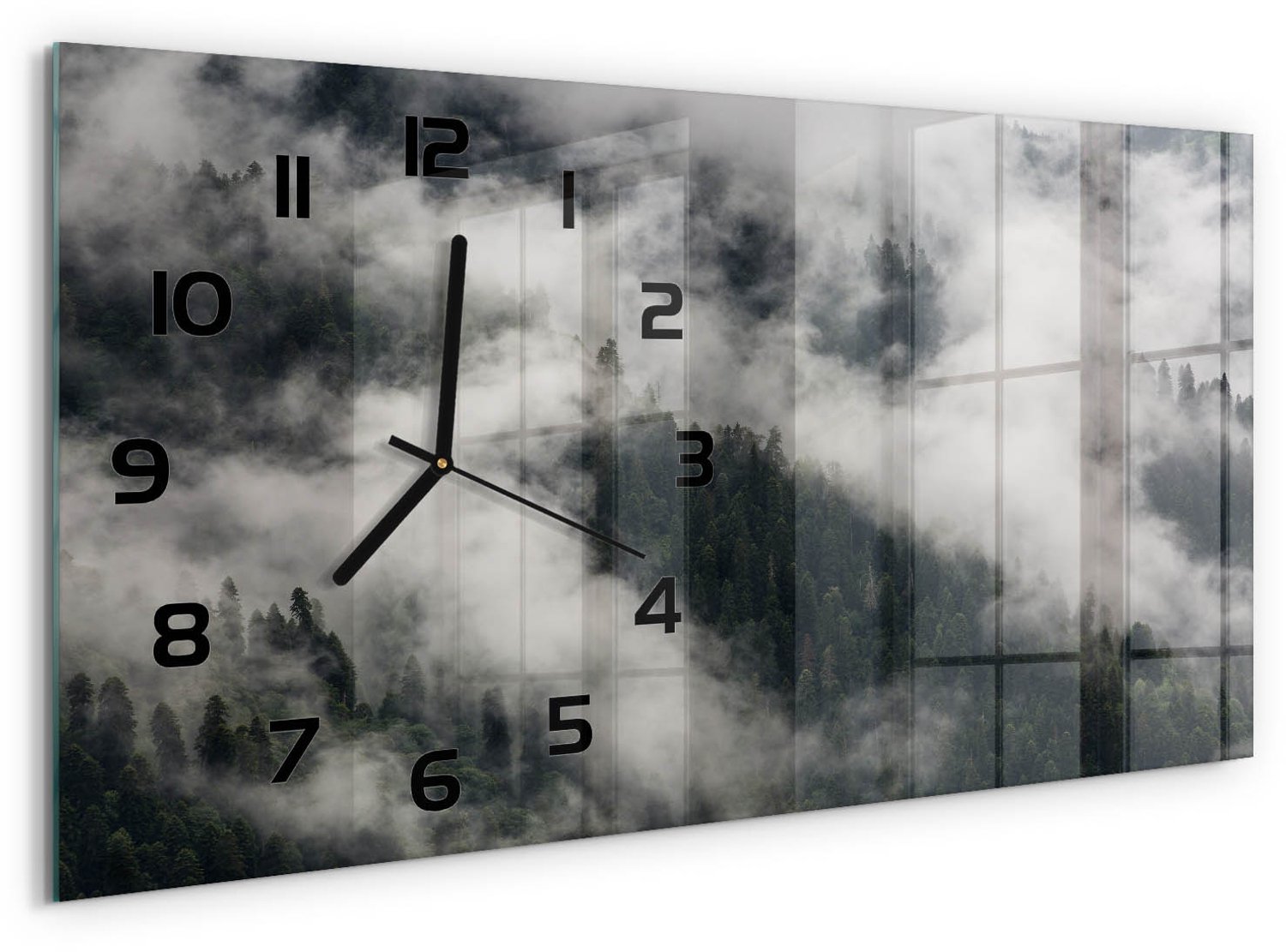 TULUP Wandklok - Mist boven het bos Wandklok Glas Met Motief - 60x30 cm - Grijs Decoratieve Glazen Klok - Zwarte handen - Rechthoekige Klok - Gekleurde Glazen Klok - Glazen Klok Met Print