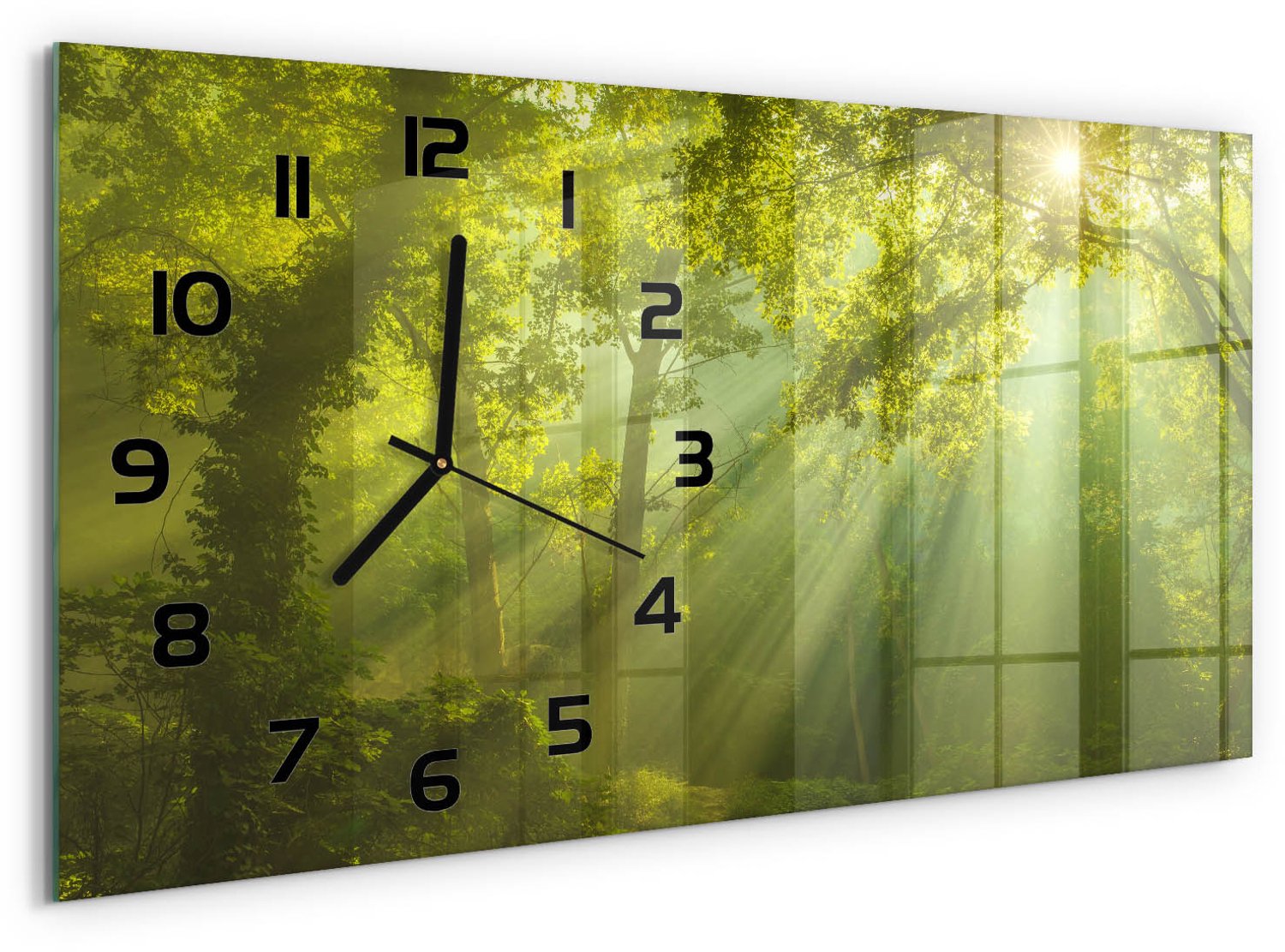TULUP Wandklok - Bos in de zon Wandklok Glas Decoratie - 60x30 cm - Groente Gekleurde Glazen Klok - Zwarte handen - Rechthoekige Klok - Klok Glas Met Opdruk - Moderne Wandklok Glas