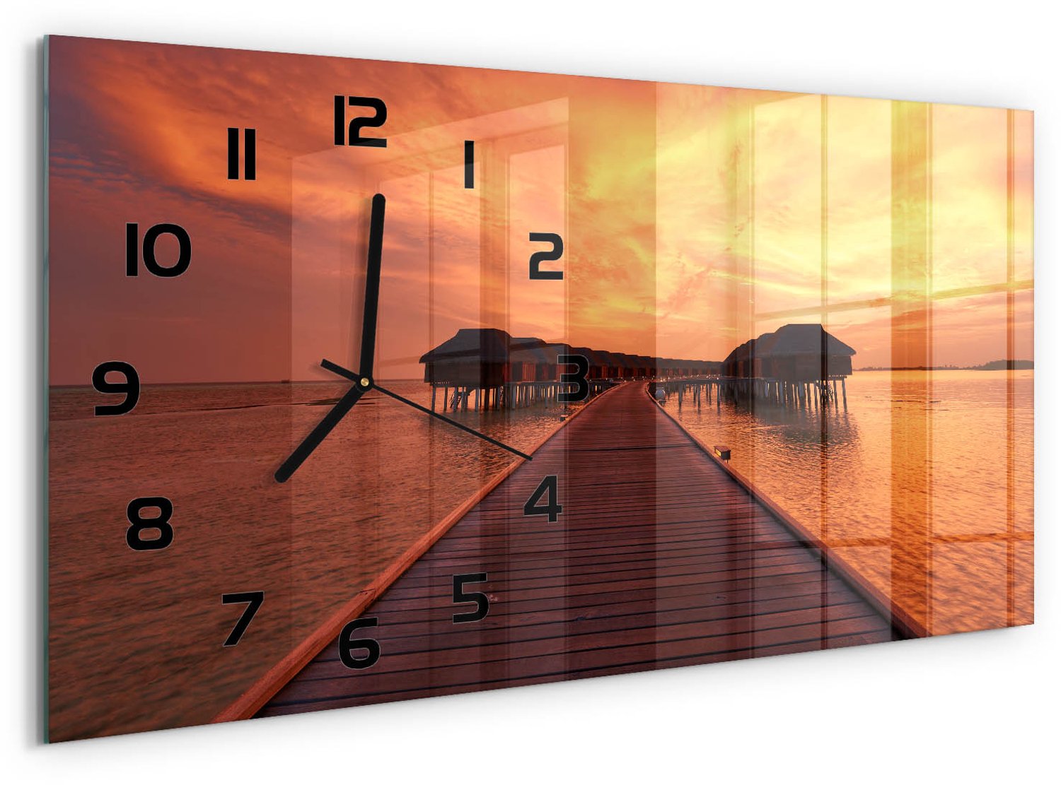 TULUP Wandklok - Bungalows op de Malediven Glazen Klok Met Print - 60x30 cm - Oranje Wandklok Glas Met Motief - Zwarte handen - Rechthoekige Klok - Wandklok Glas Decoratie - Gekleurde Glazen Klok