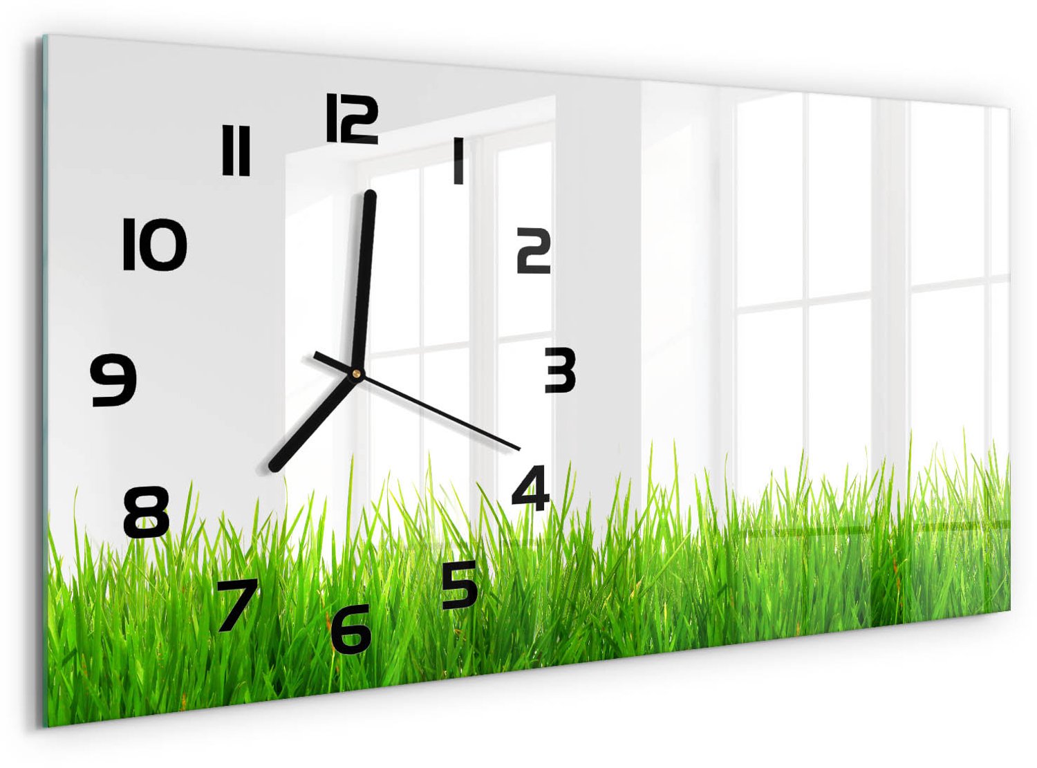 TULUP Wandklok - Gras Klok Glas Met Opdruk - 60x30 cm - Groente Moderne Wandklok Glas - Zwarte handen - Rechthoekige Klok - Decoratieve Glazen Klok - Glazen Wandklok Design