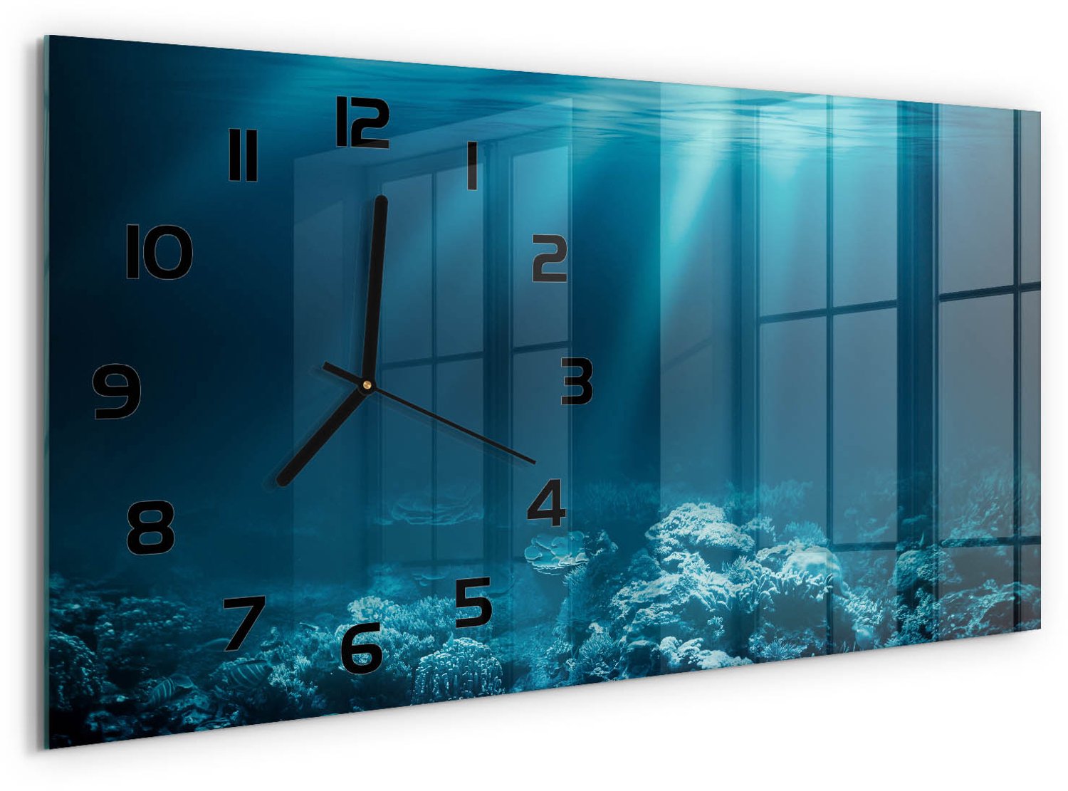 TULUP Wandklok - Onderwaterwereld Moderne Wandklok Glas - 60x30 cm - Blauw Wandklok Glas Decoratie - Zwarte handen - Rechthoekige Klok - Glazen Wandklok Design - Klok Glas Met Opdruk